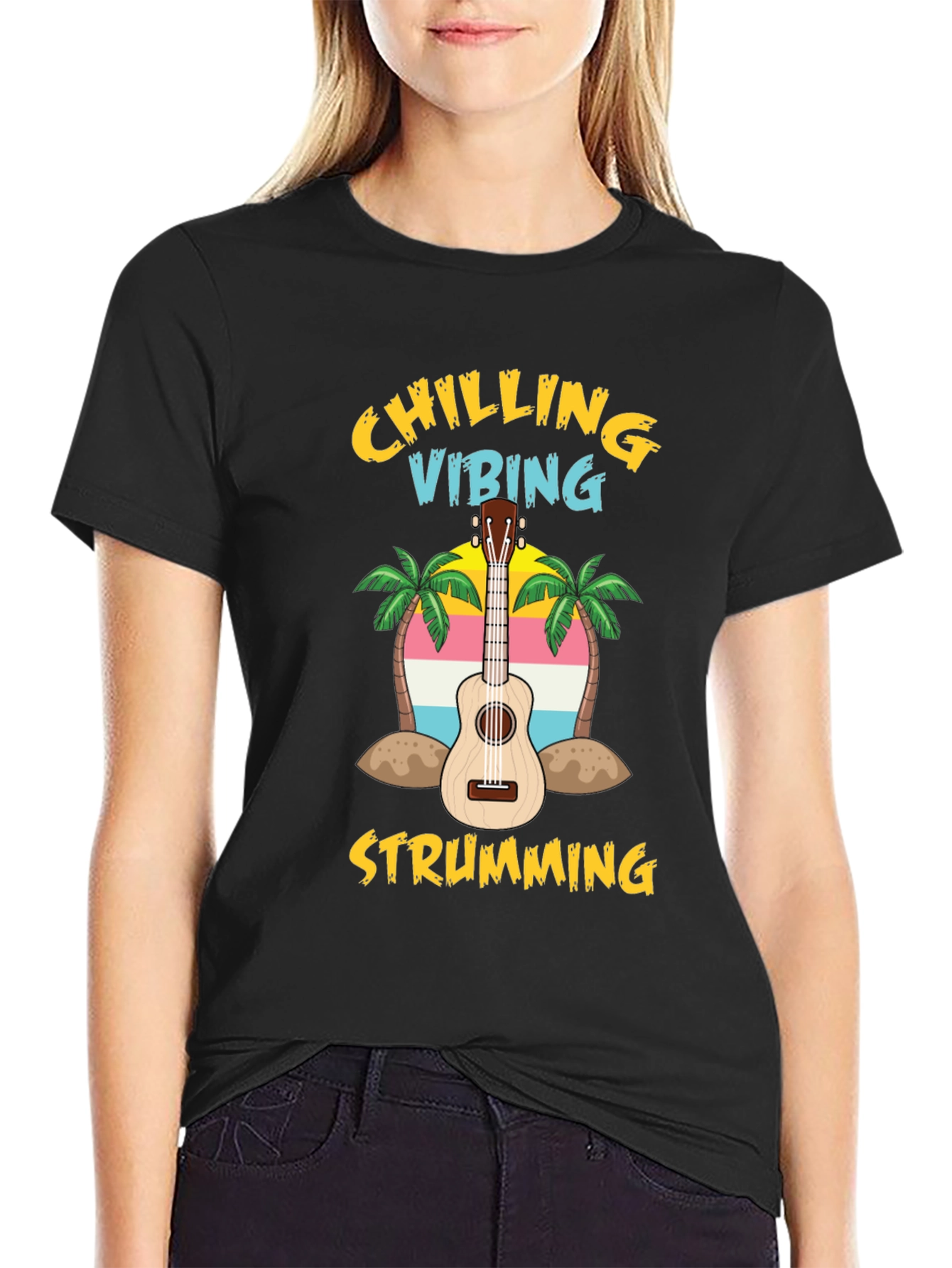 Black Chilling Vibing Strumming Ukulele T-Shirt view 2