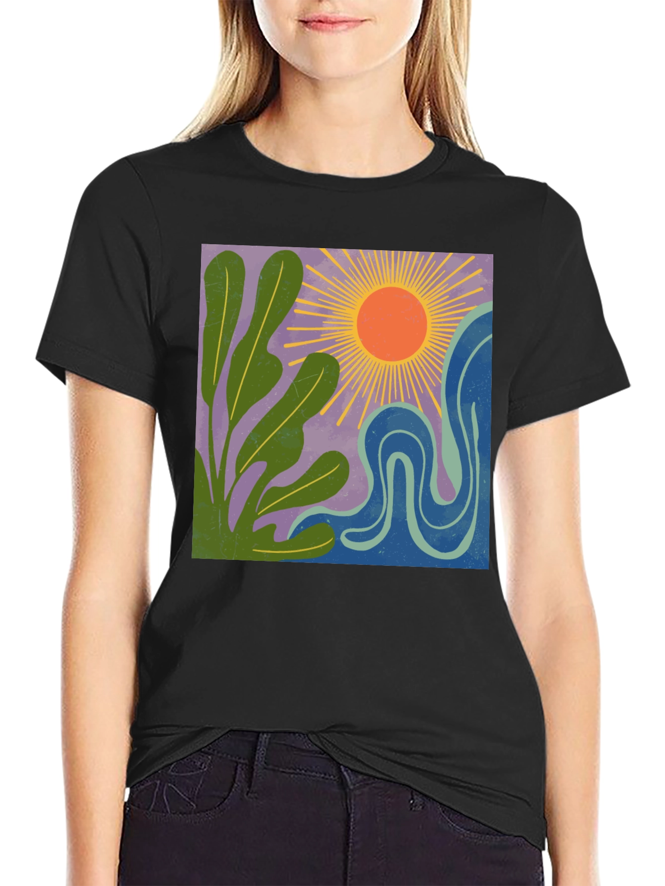Black Abstract Sun & Plant Graphic Tee - Black Cotton Blend view 2