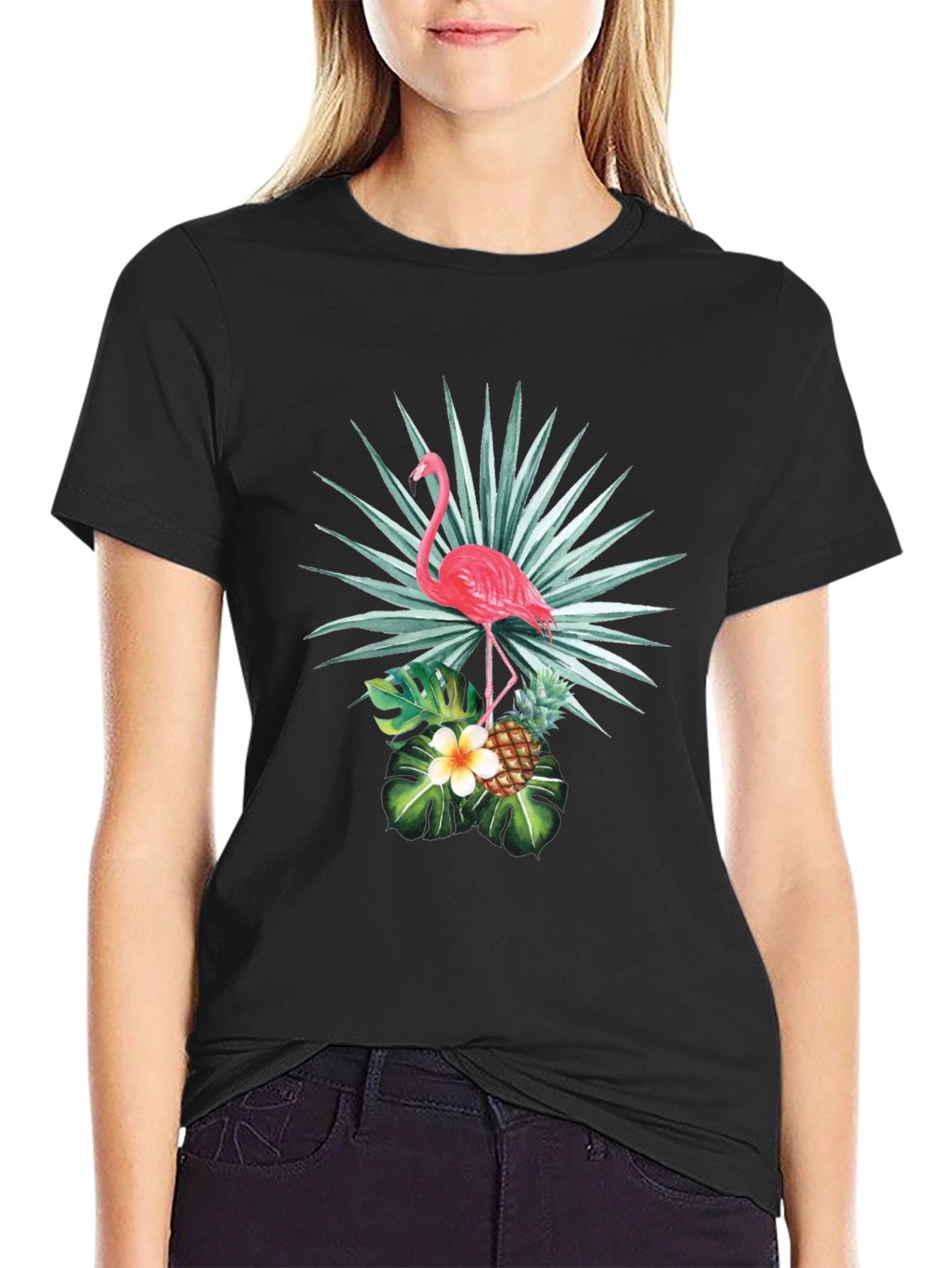 Black Tropical Flamingo Graphic Tee - Black Cotton view 2