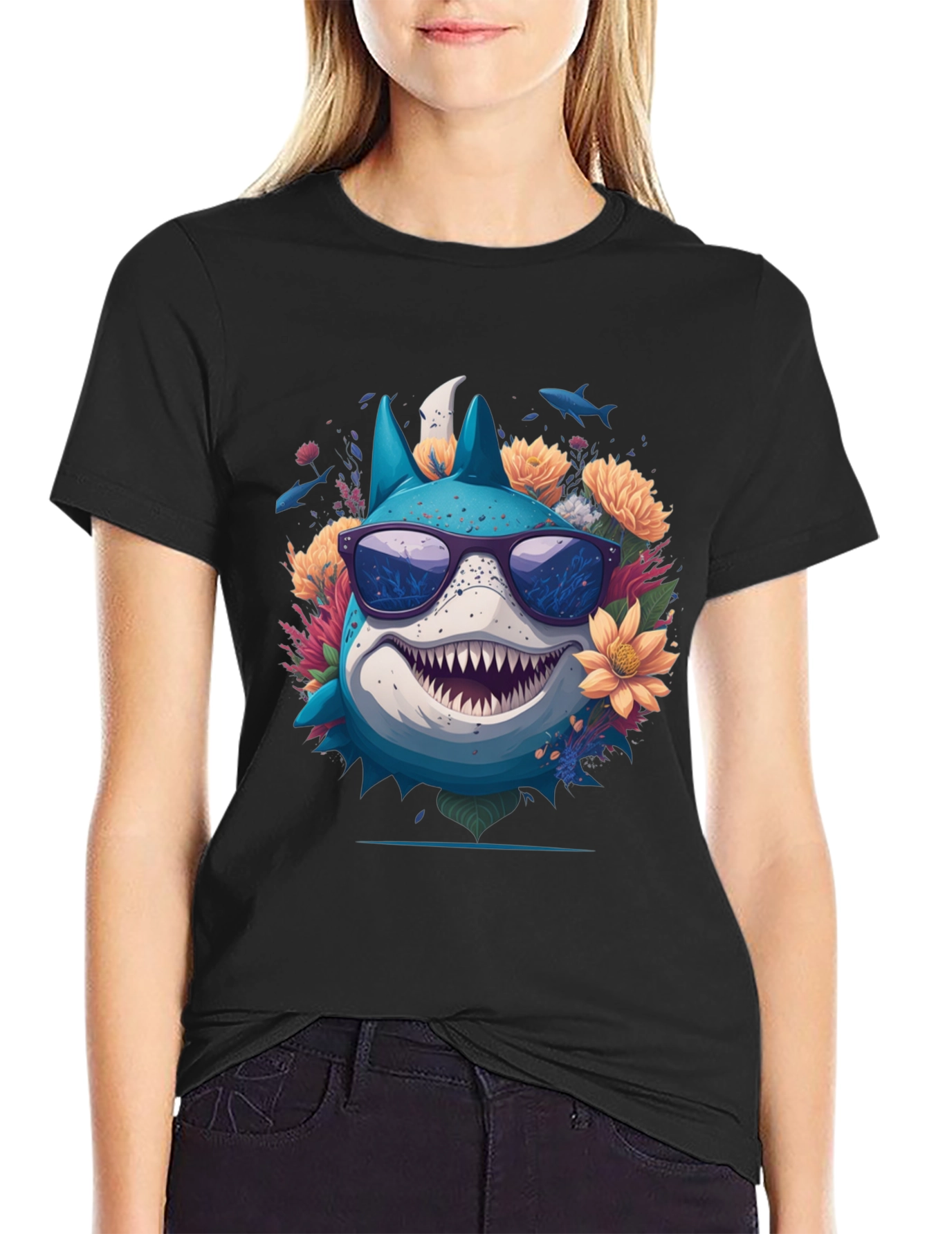 Black Cool Shark in Sunglasses T-Shirt view 2