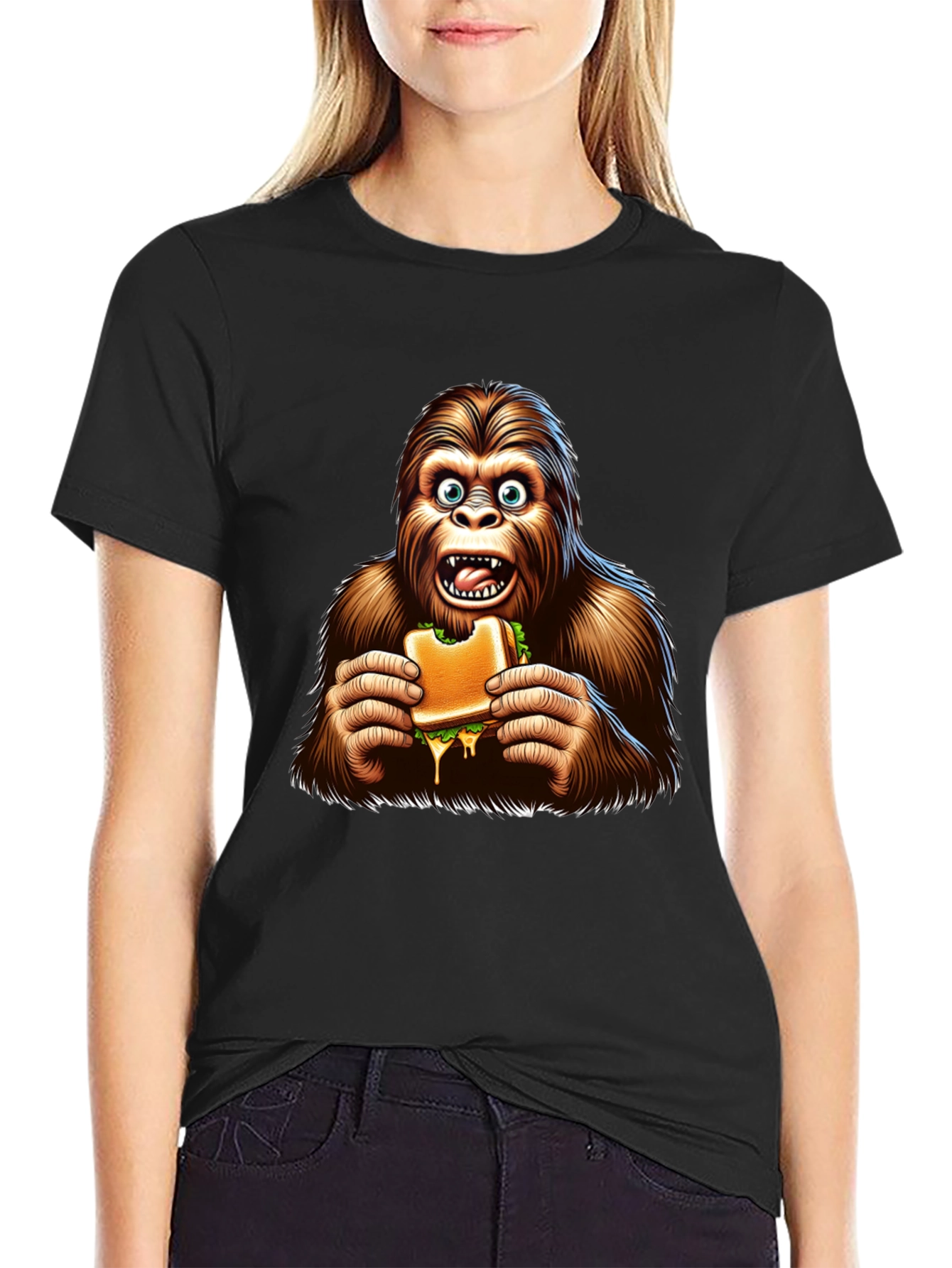 Black Bigfoot Eating Sandwich Funny Graphic Tee view 2