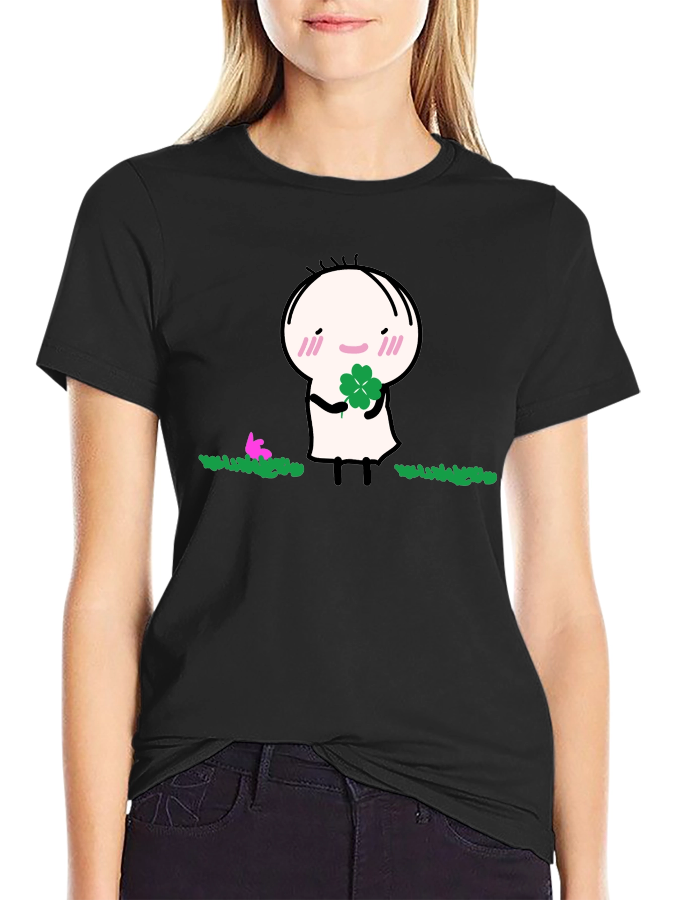 Black Lucky Clover Graphic Tee - Soft Black Cotton Blend view 2