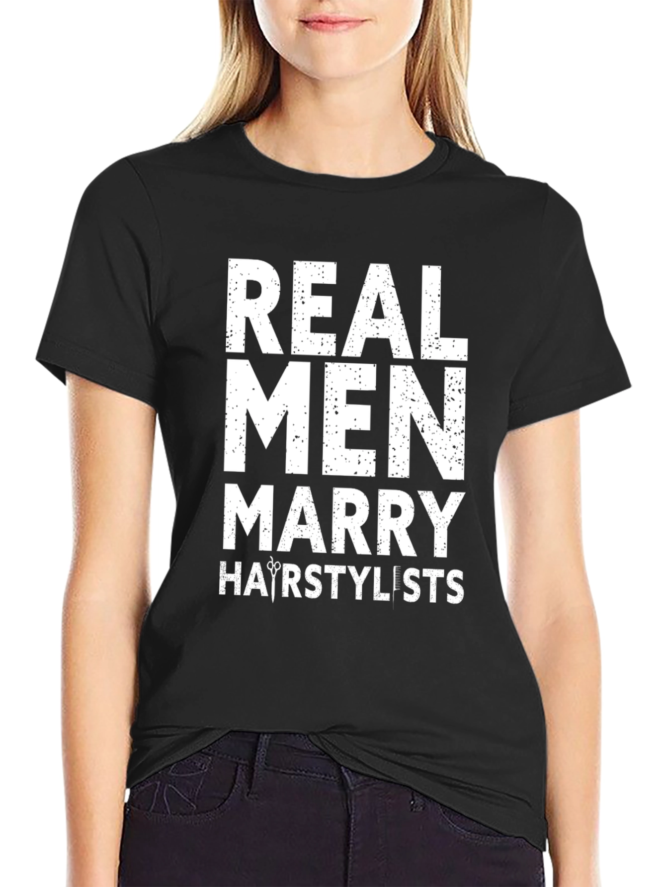 Black Real Men Marry Hairstylists Black T-Shirt view 2