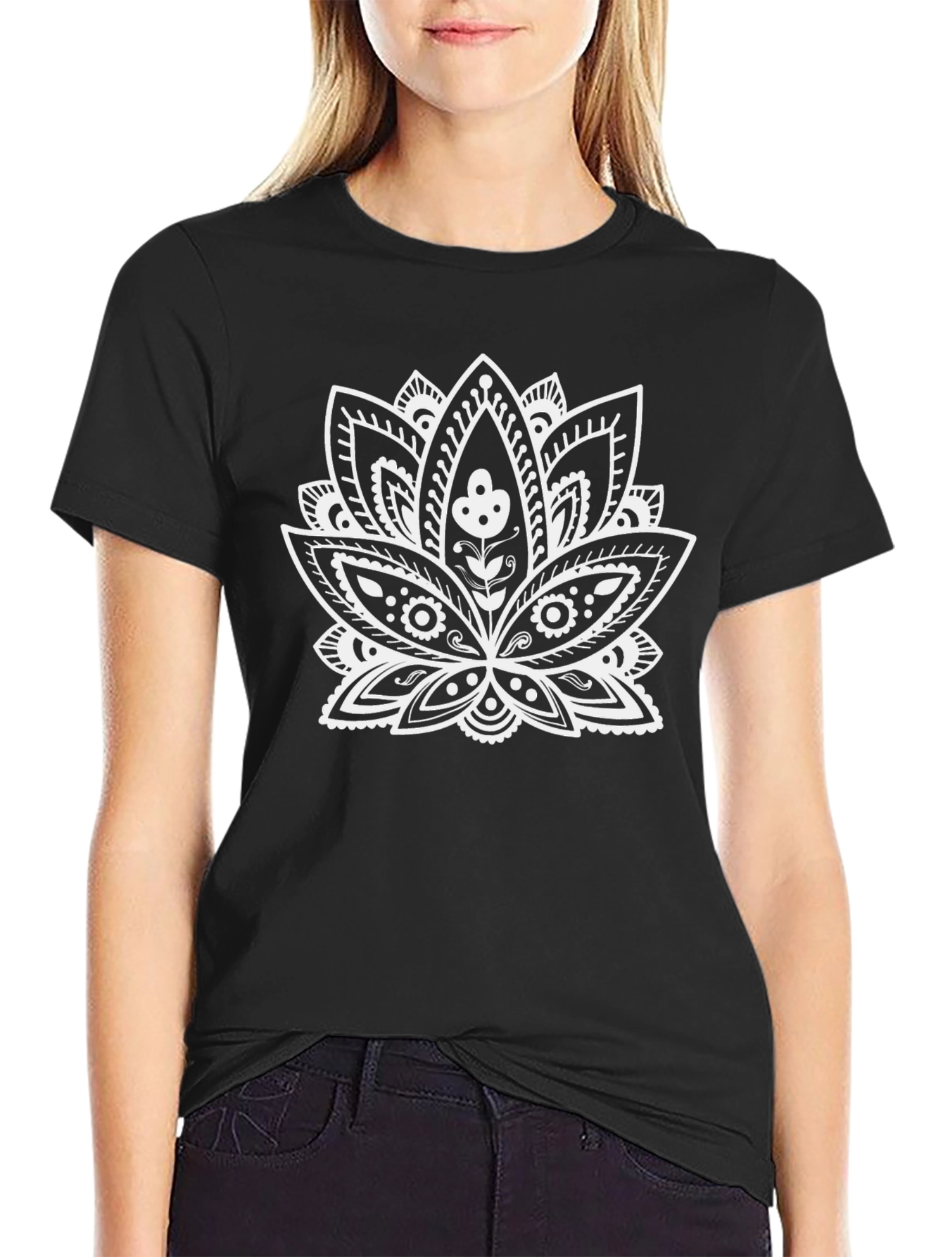 Black Black T-Shirt with White Lotus Flower Design view 2