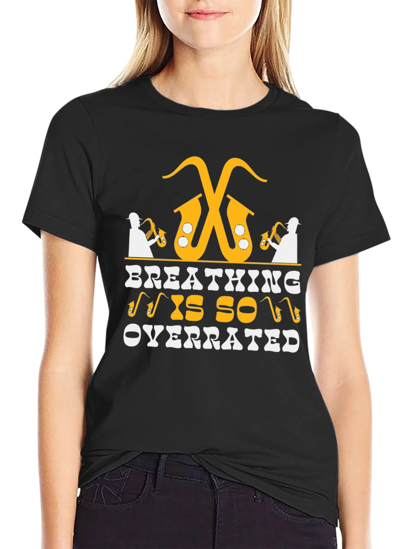 Black Saxophone Player T-Shirt - Breathing is Overrated view 2