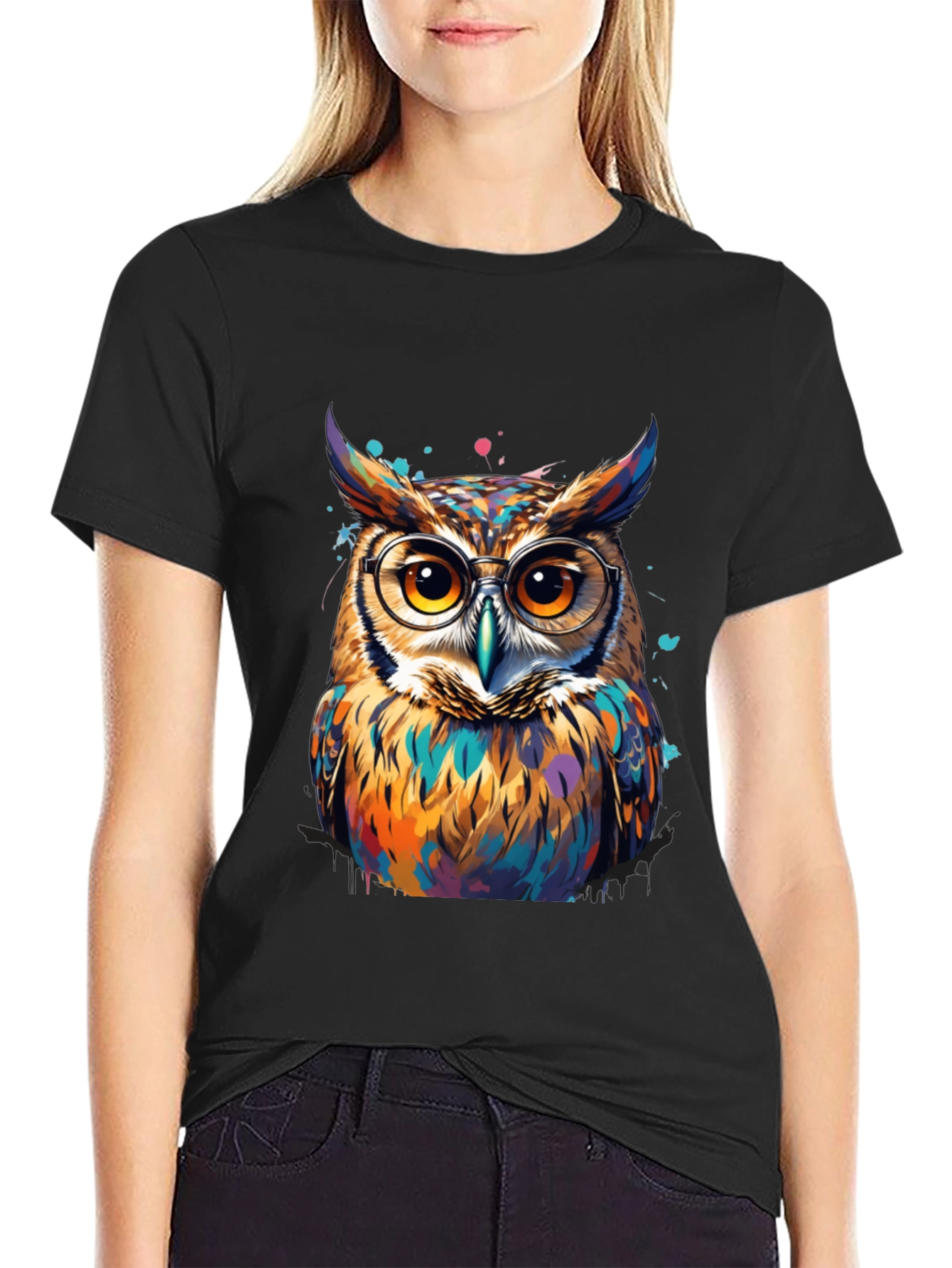 Black Colorful Owl Graphic Tee - Unisex Cotton T-Shirt view 2