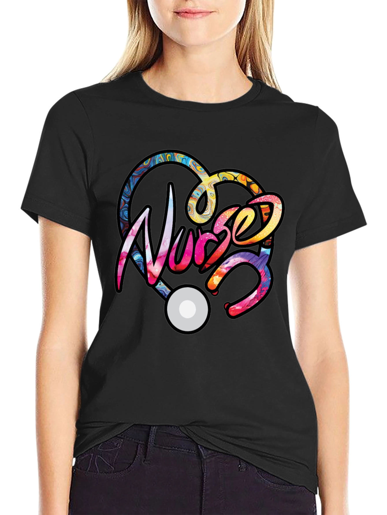 Black Nurse Heart Stethoscope Graphic T-Shirt view 2