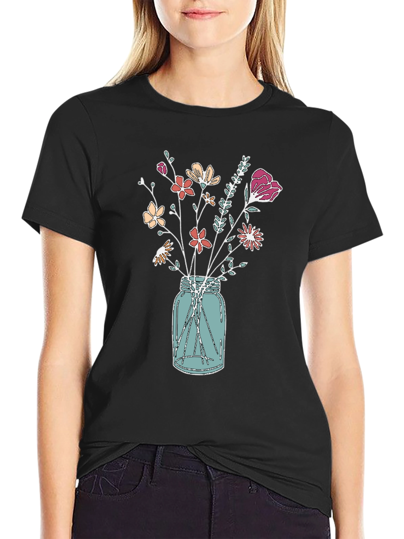 Black Floral Bouquet in Jar Graphic Tee view 2