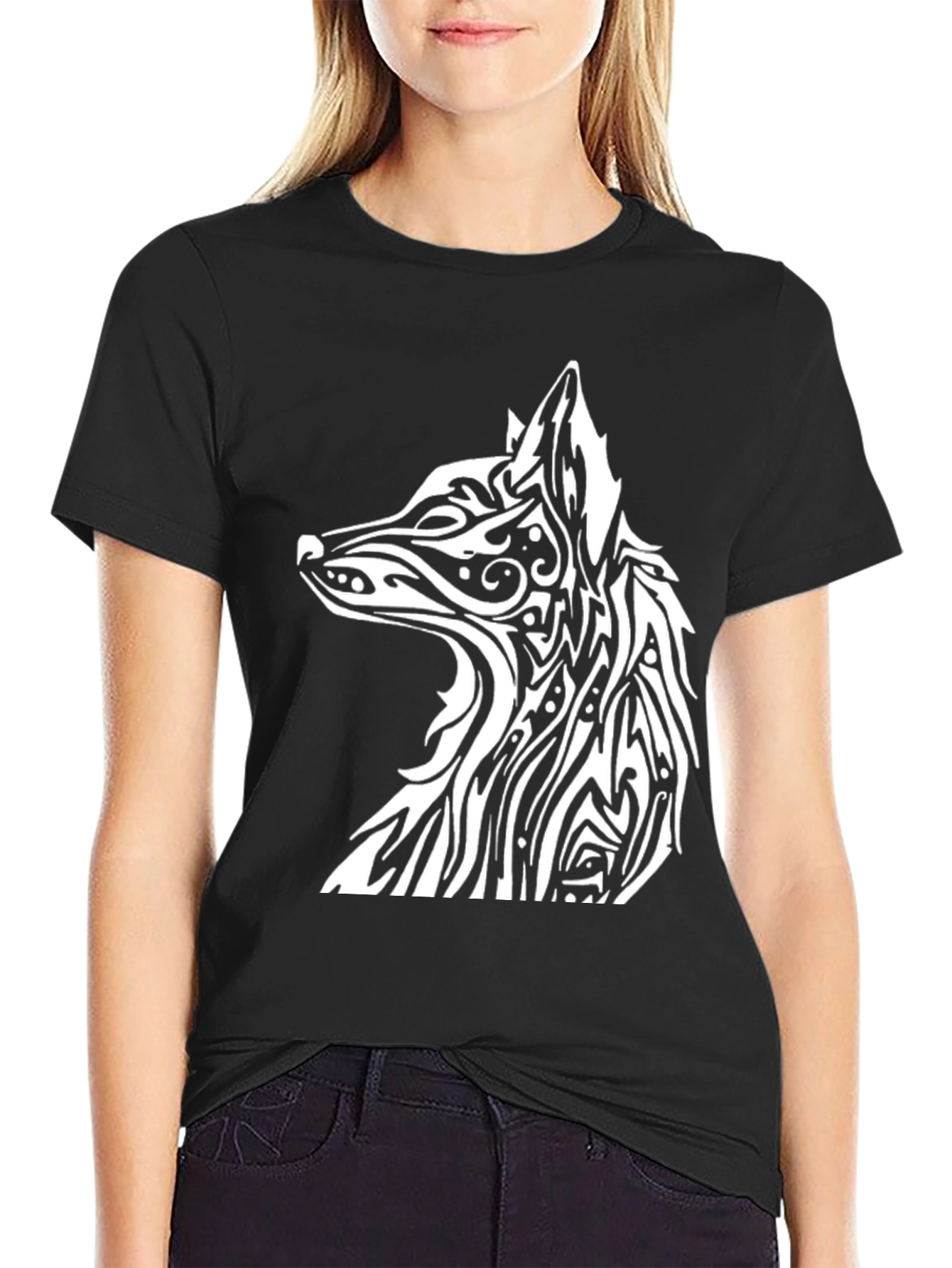 Black Tribal Wolf Graphic Black T-Shirt view 2