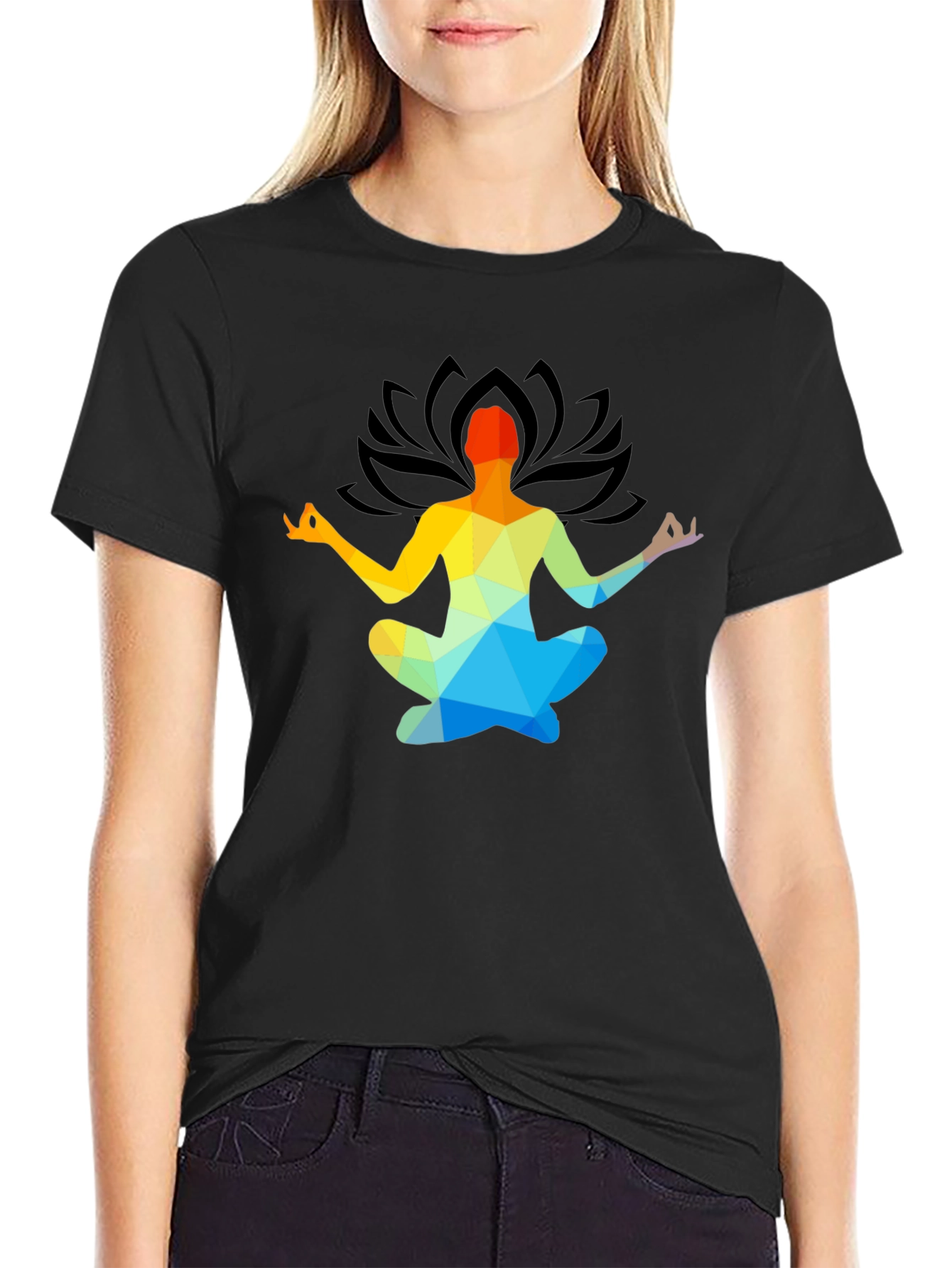 Black Meditative Geometric Lotus Pose T-Shirt view 2