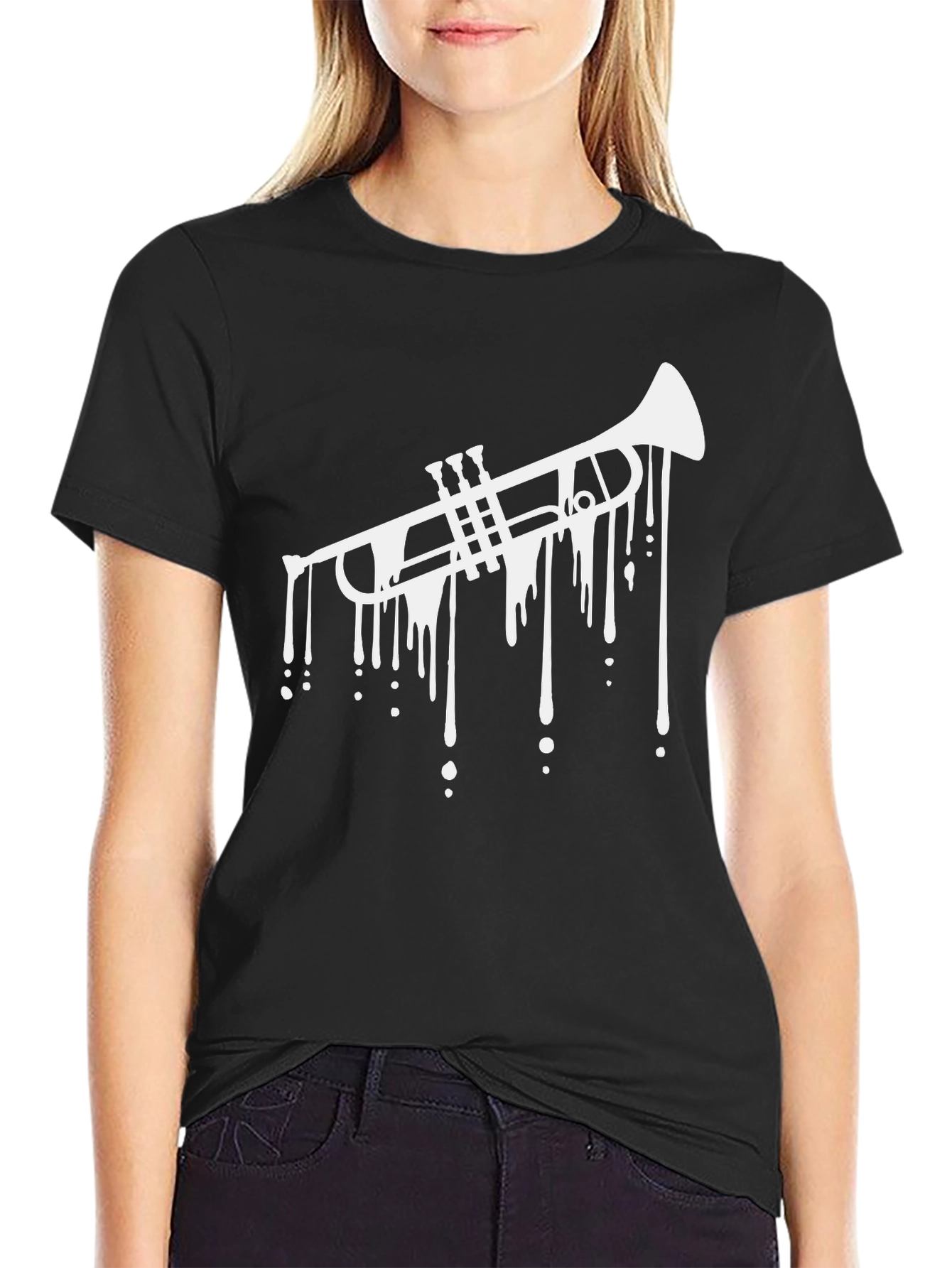 Black Dripping Trumpet Graphic Tee - Black Cotton Casual view 2
