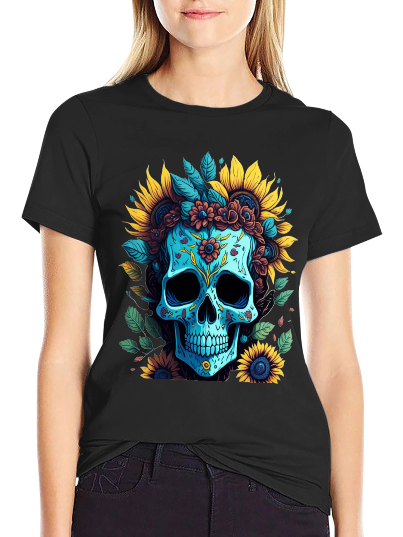 Black Floral Skull Graphic T-Shirt view 2