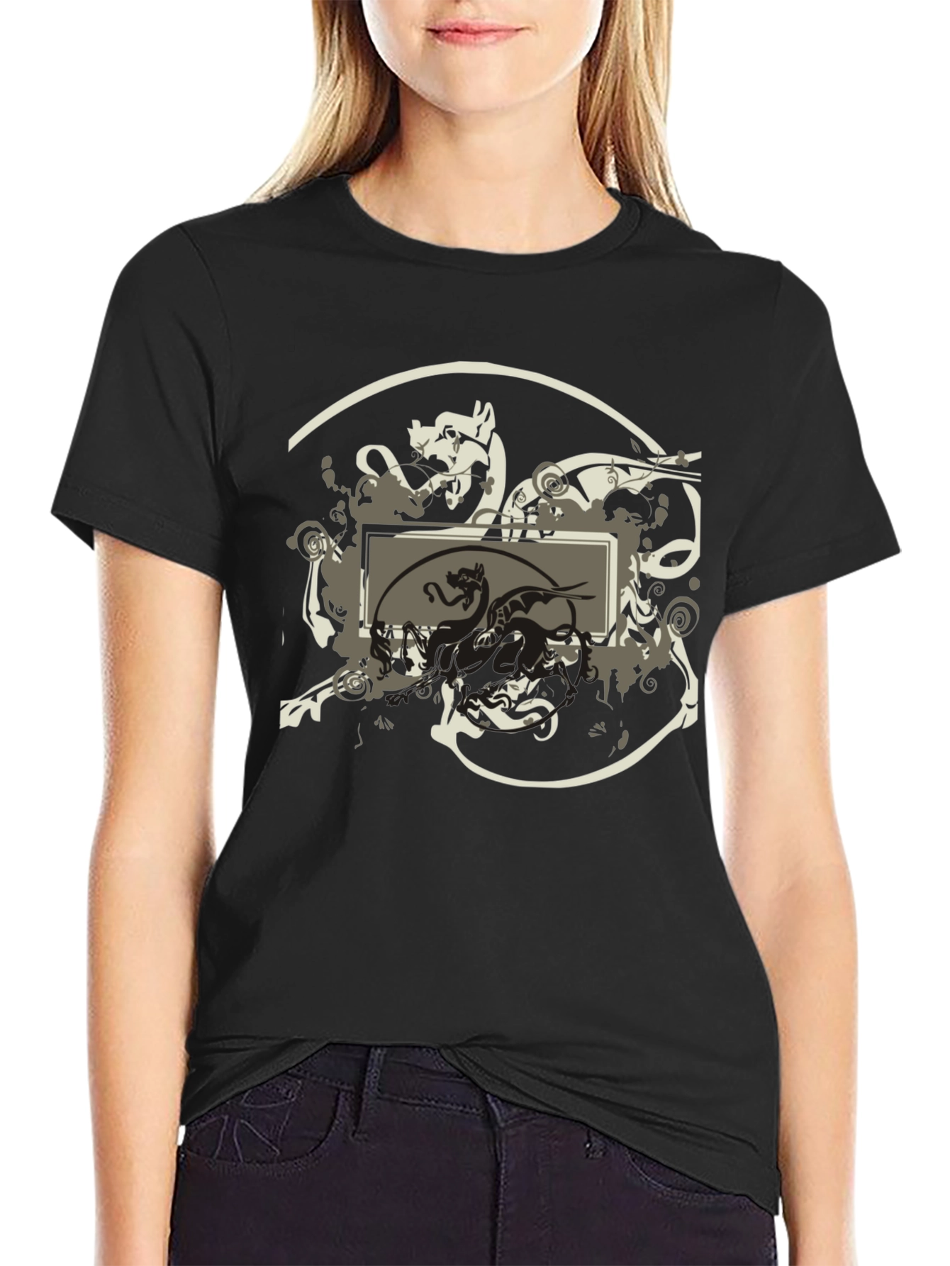 Black Graphic Black T-Shirt with Dragon Design view 2