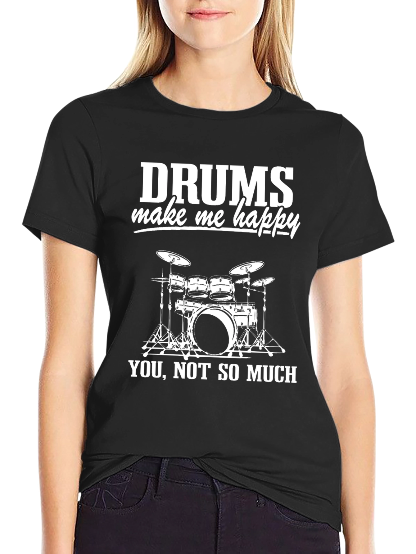 Black Drums Make Me Happy T-Shirt - Drummer Gift view 2