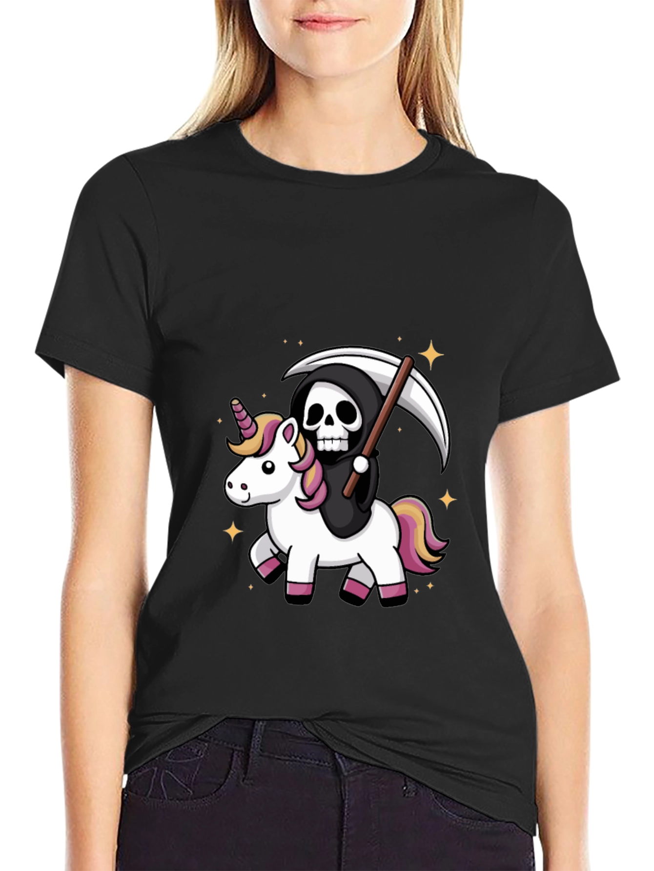 Black Grim Reaper Riding Unicorn T-Shirt view 2