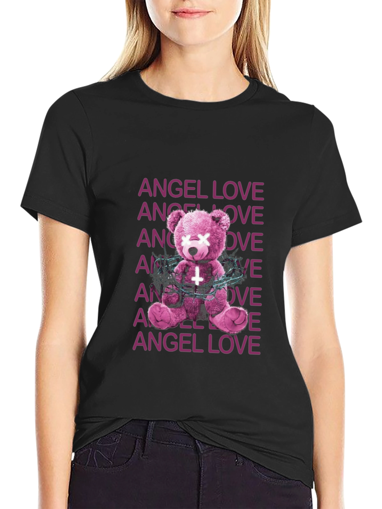 Black Angel Love Graphic Tee - Edgy Teddy Bear Design view 2