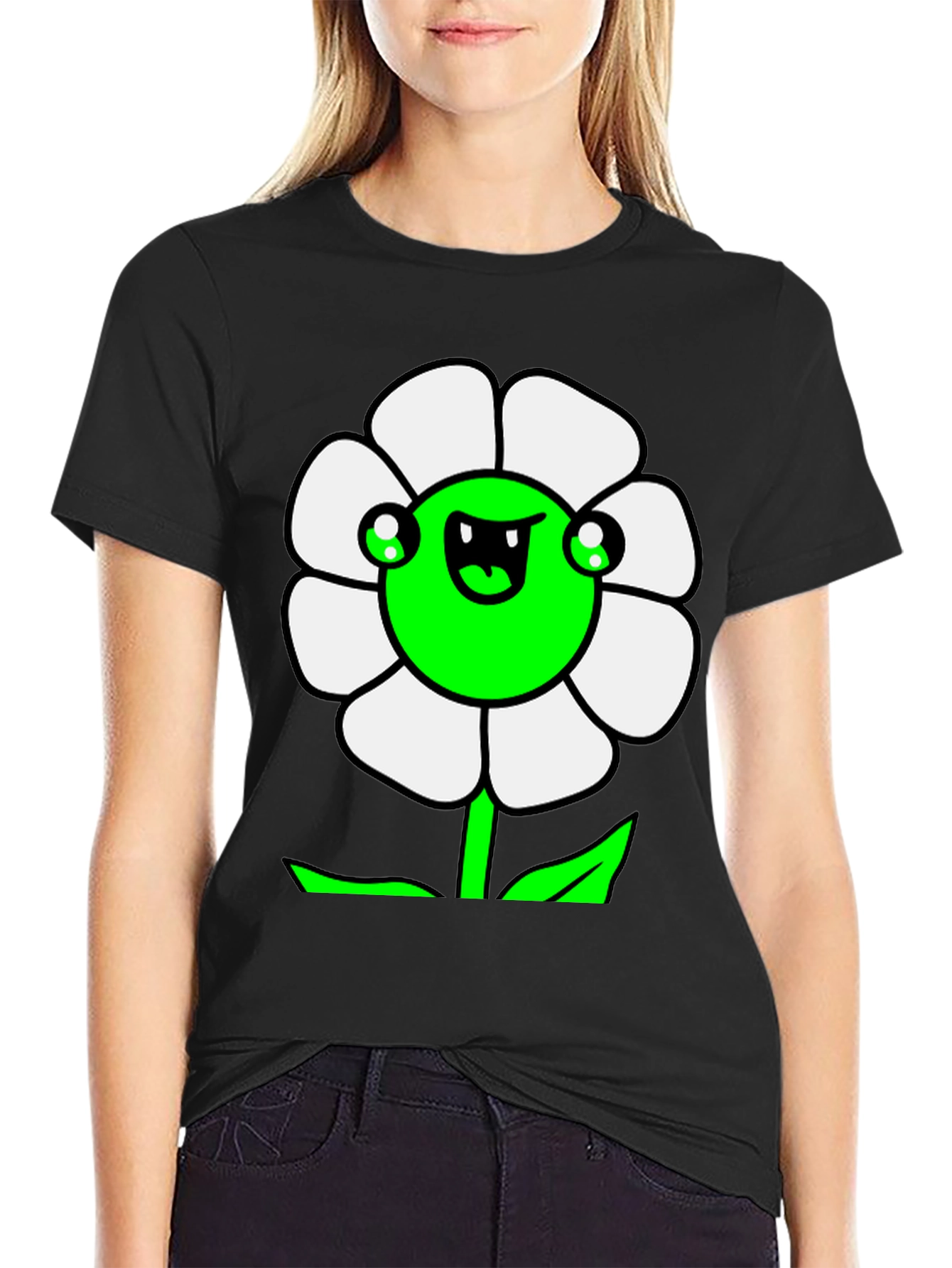 Black Funny Flower Graphic T-Shirt view 2