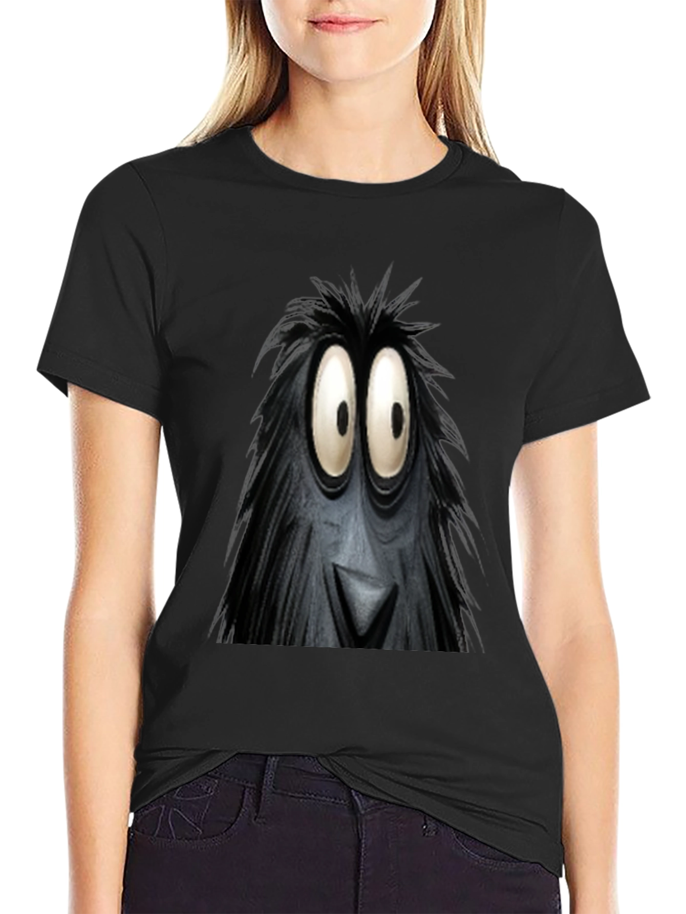 Black Fun Cartoon Monster Face Graphic Black T-Shirt view 2