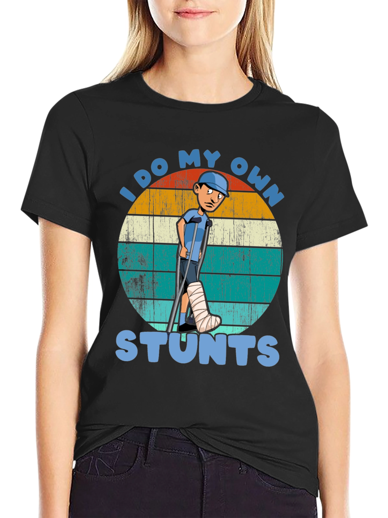 Black I Do My Own Stunts T-Shirt - Funny Injury Tee view 2