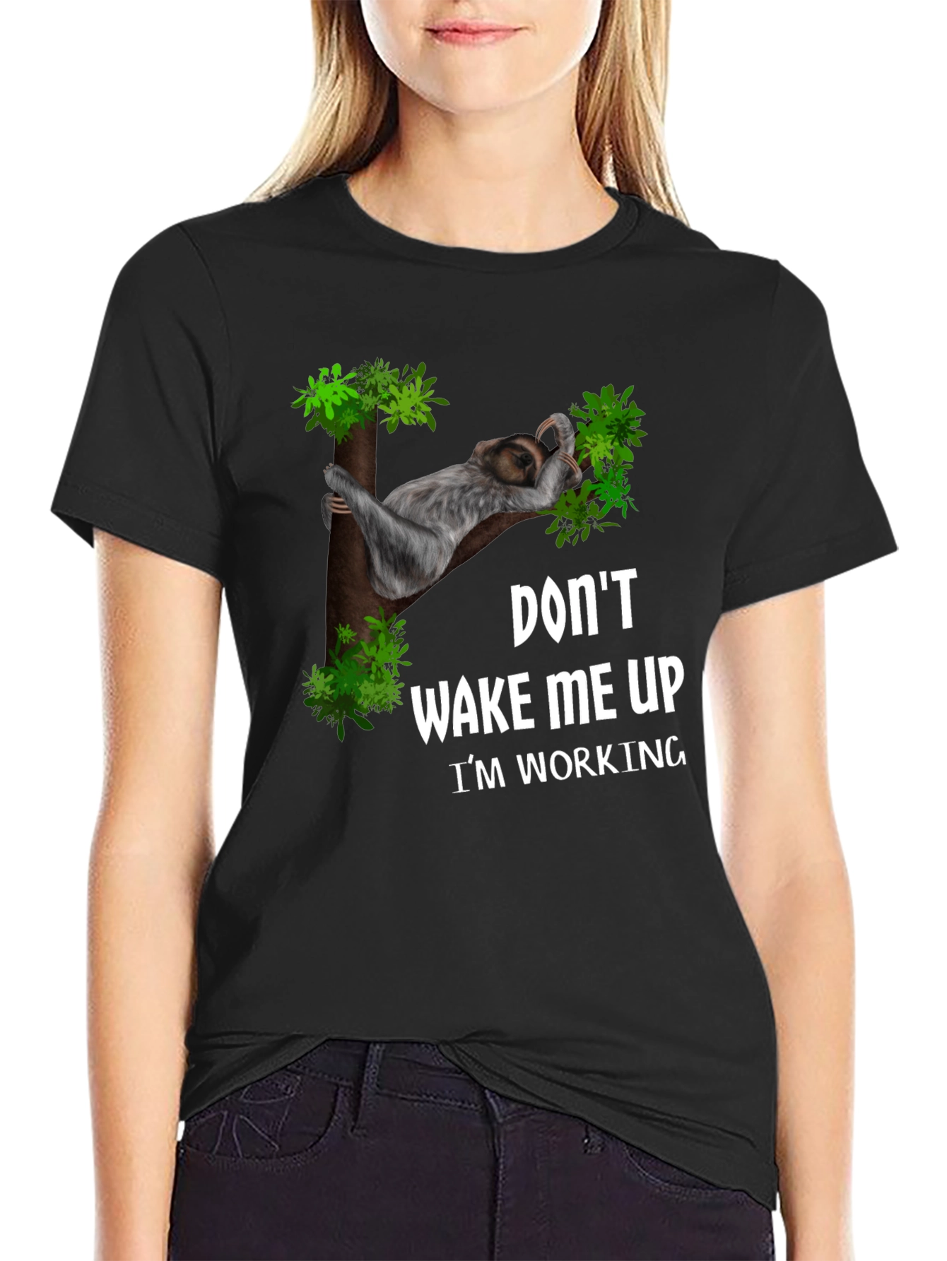 Black Funny Sloth Working T-Shirt: Don't Wake Me Up view 2