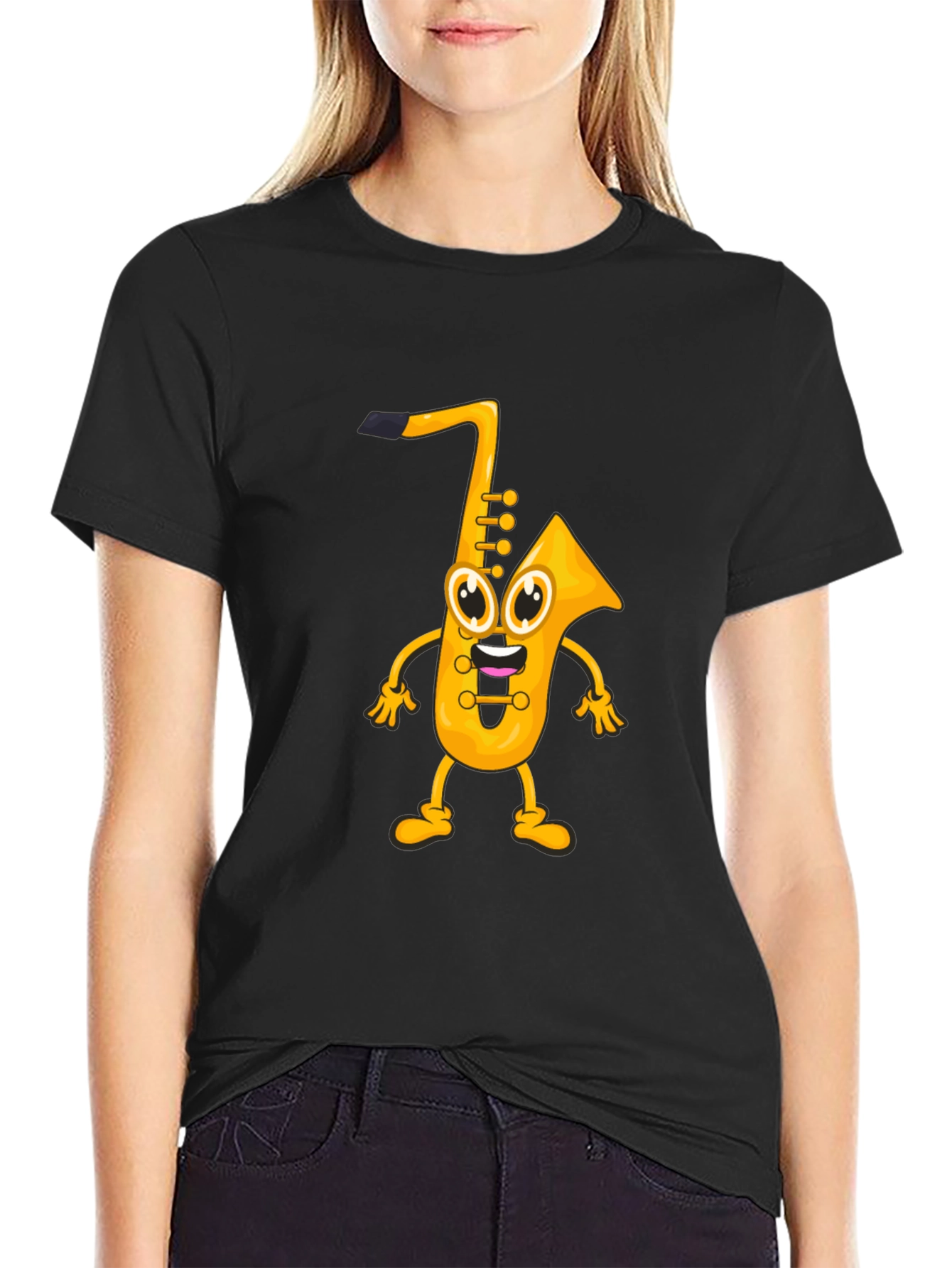 Black Cartoon Saxophone Graphic Black T-Shirt view 2