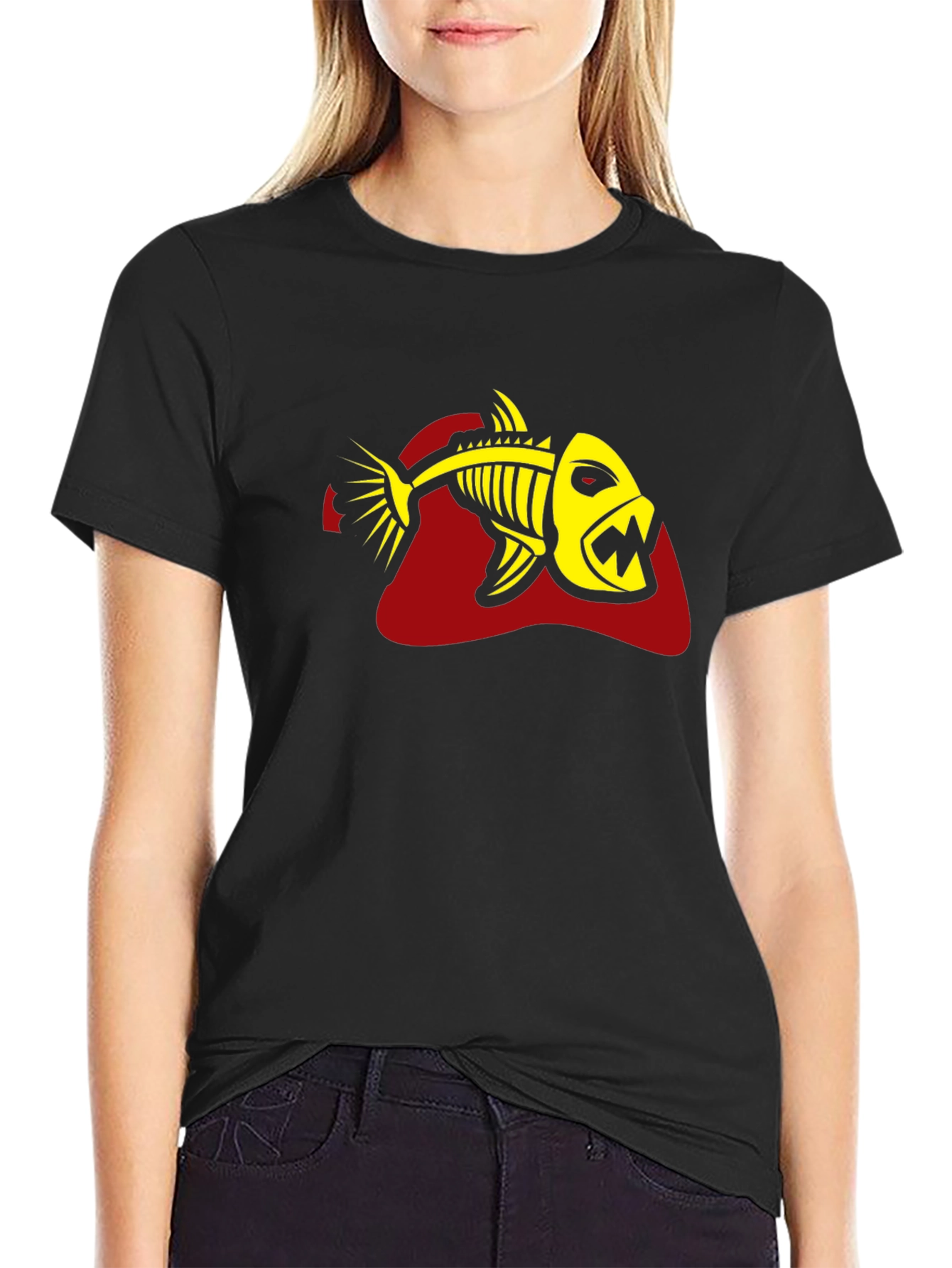 Black Men's Black T-Shirt - Yellow Fish Skeleton Graphic view 2