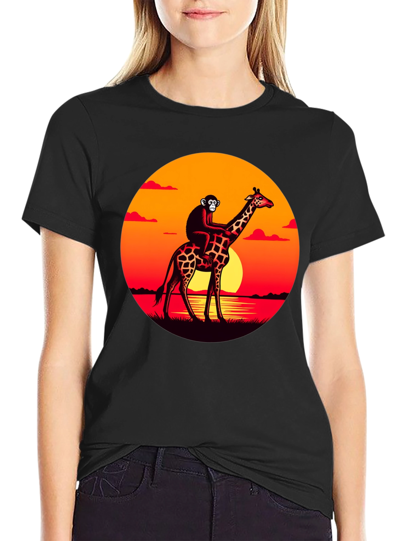 Black Monkey Riding Giraffe Sunset Graphic Tee view 2