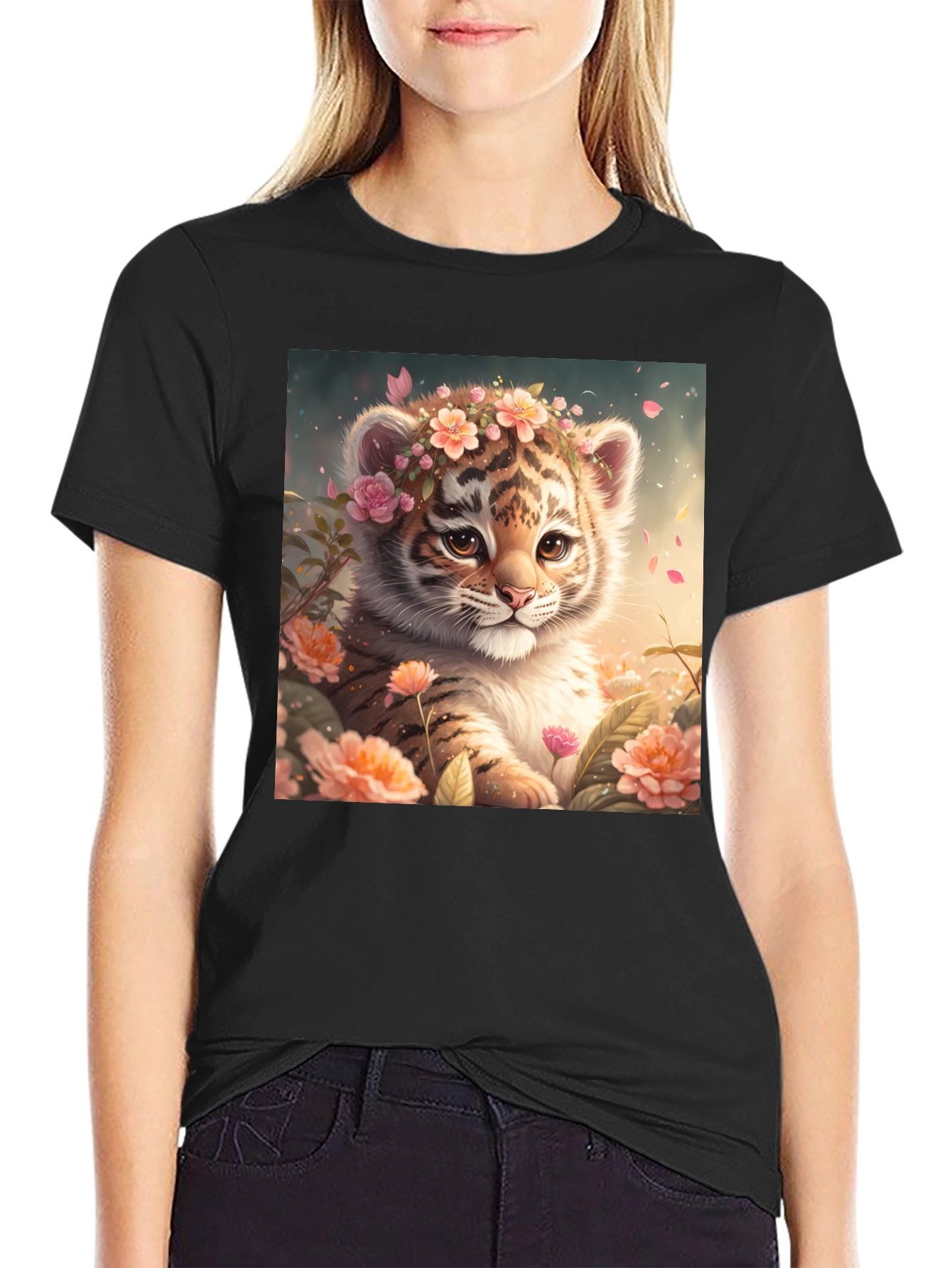 Black Cute Tiger Cub Floral T-Shirt view 2