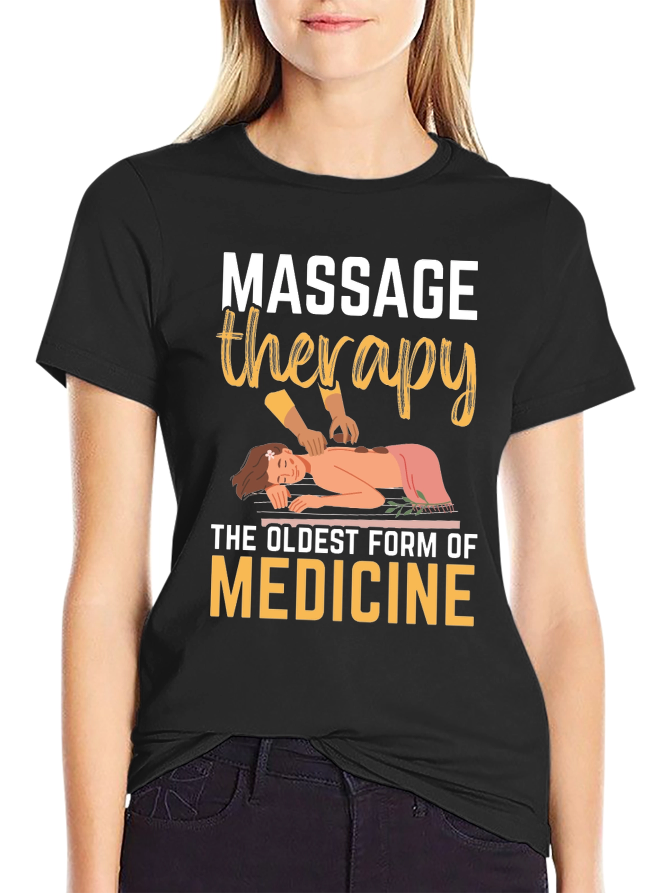 Black Massage Therapy T-Shirt: Oldest Medicine, Relaxing Design view 2