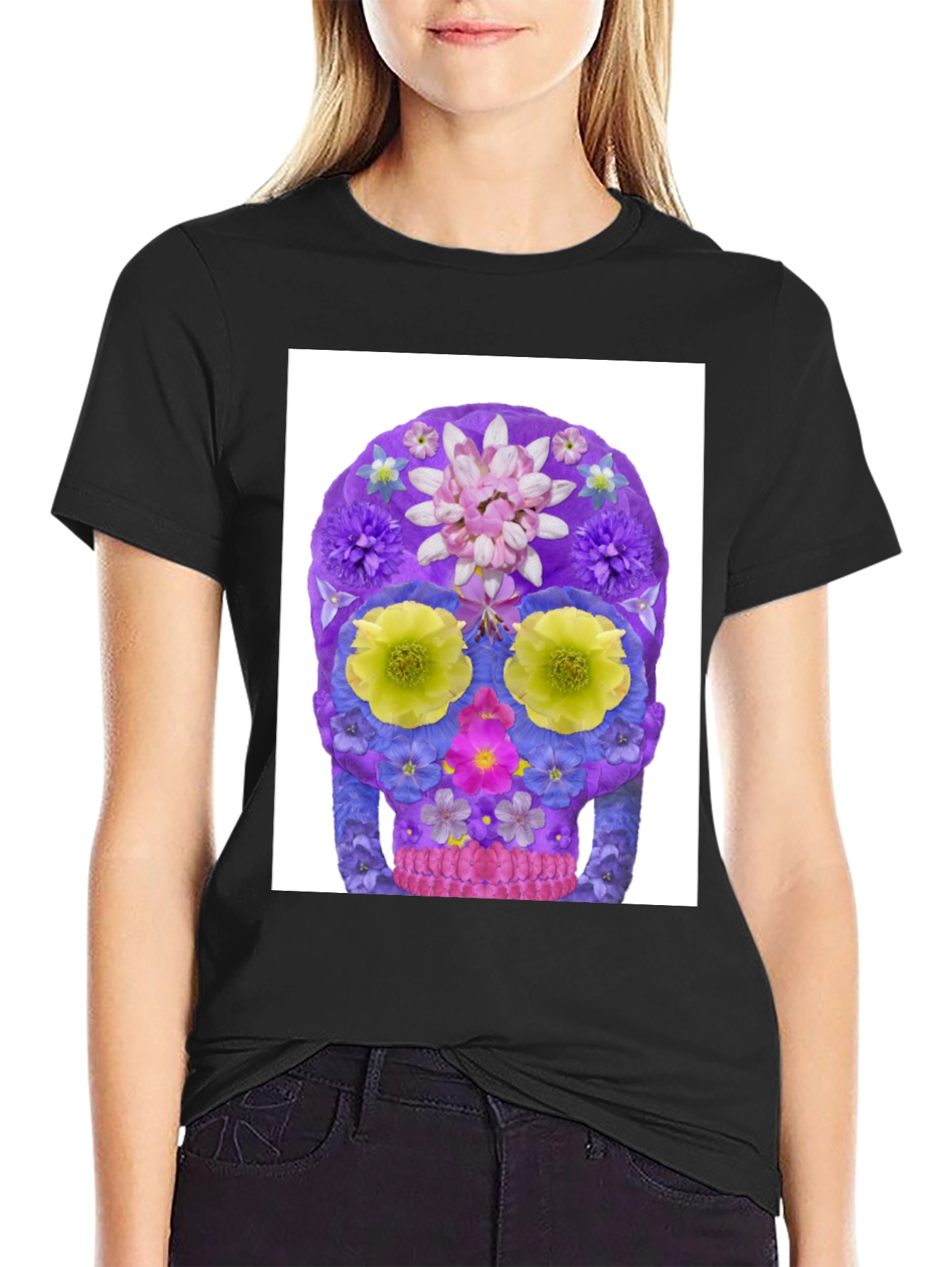Black Floral Sugar Skull Graphic Tee - Black Cotton T-Shirt view 2
