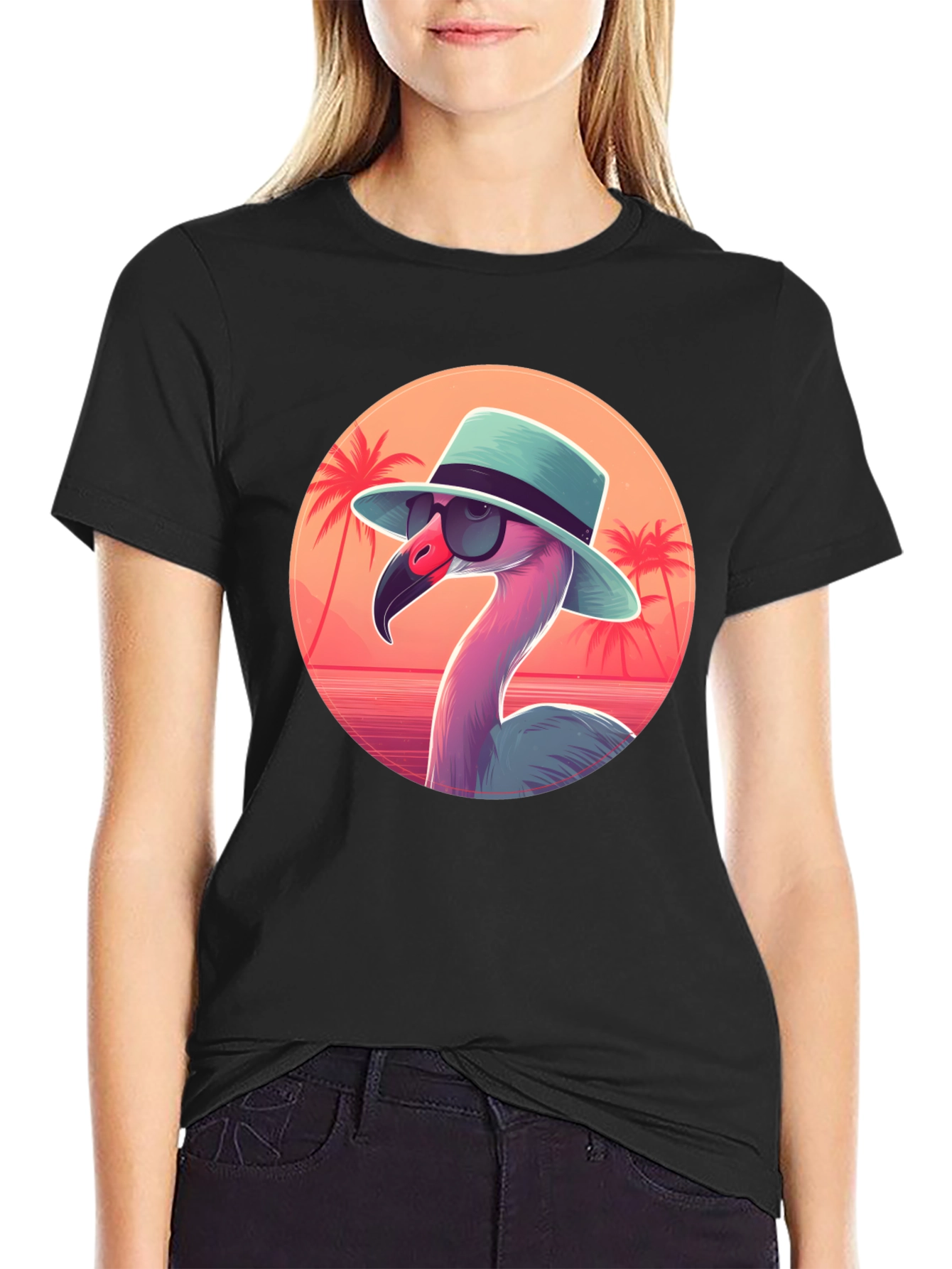 Black Cool Flamingo Graphic Tee - Black Cotton T-Shirt view 2