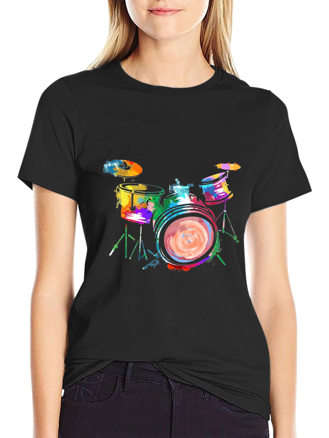 Black Colorful Drums Graphic Tee - Black Cotton T-Shirt view 2