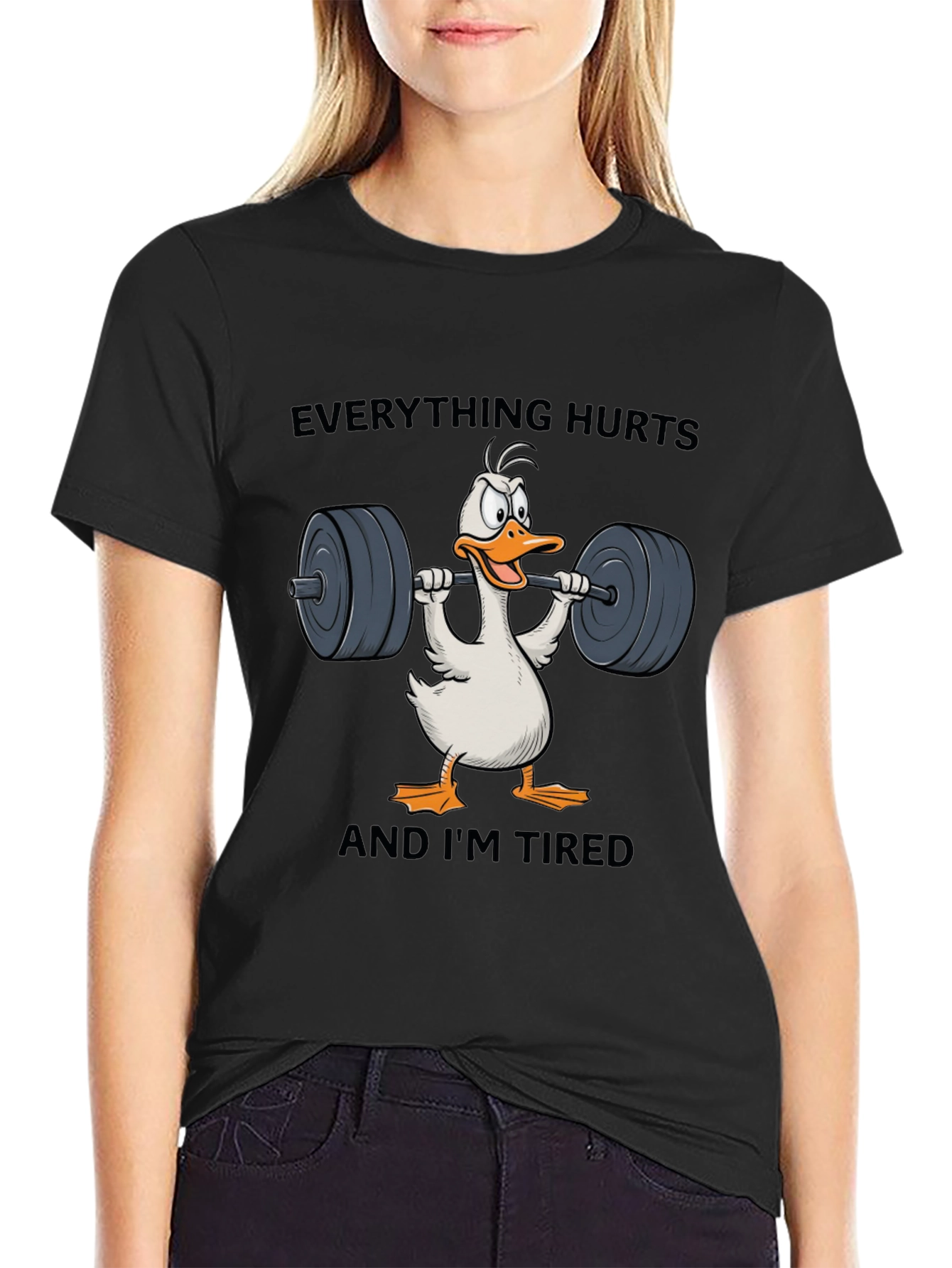 Black Funny Workout T-Shirt - Everything Hurts Duck view 2