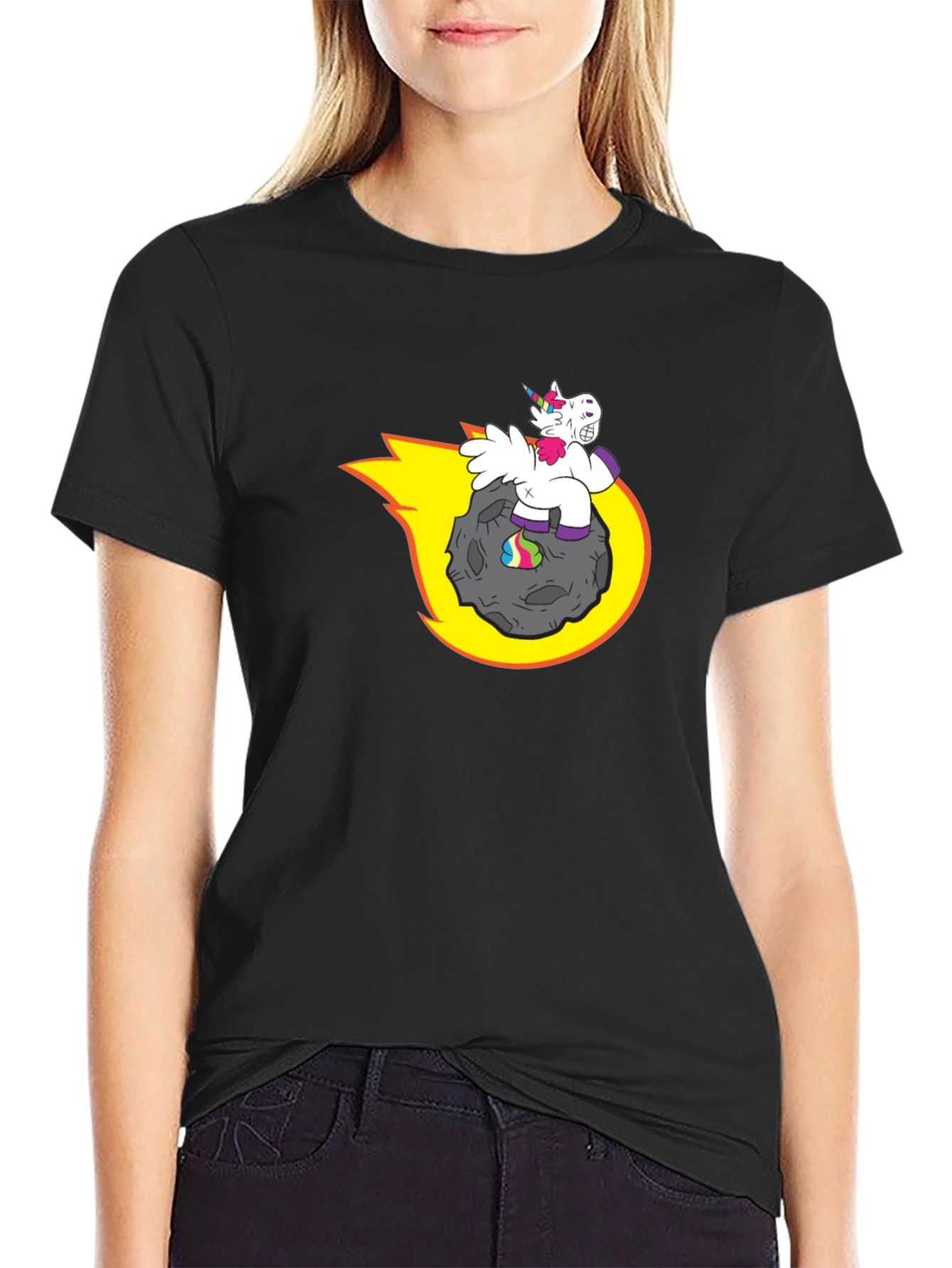 Black Unicorn Riding Asteroid T-Shirt - Funny Graphic Tee view 2