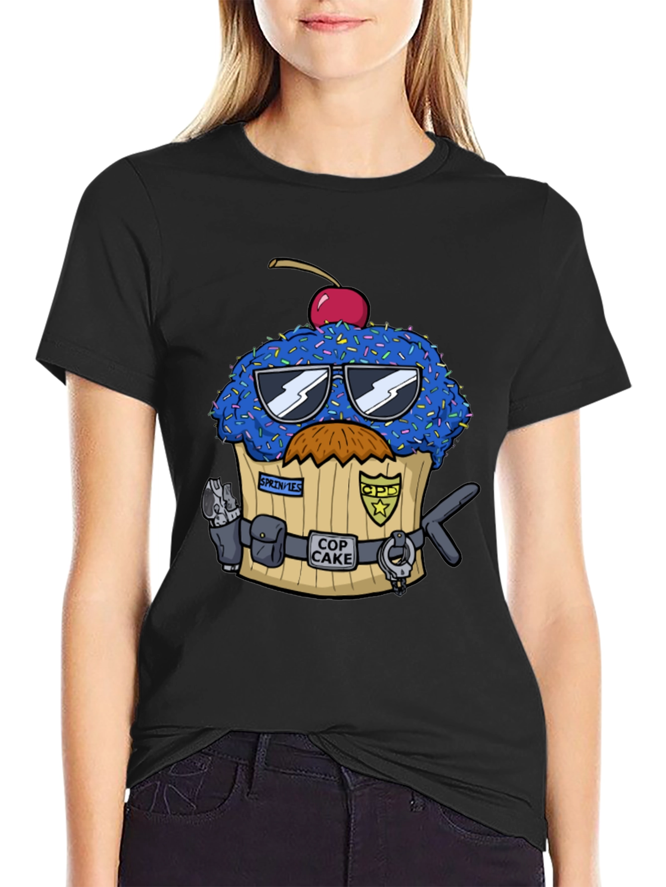 Black Cop Cake Graphic T-Shirt - Novelty Dessert Tee view 2