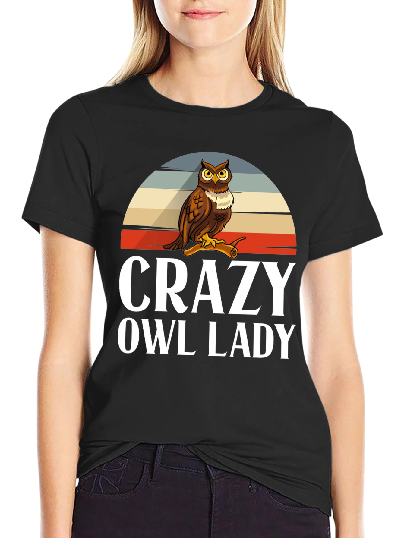 Black Crazy Owl Lady Graphic T-Shirt view 2