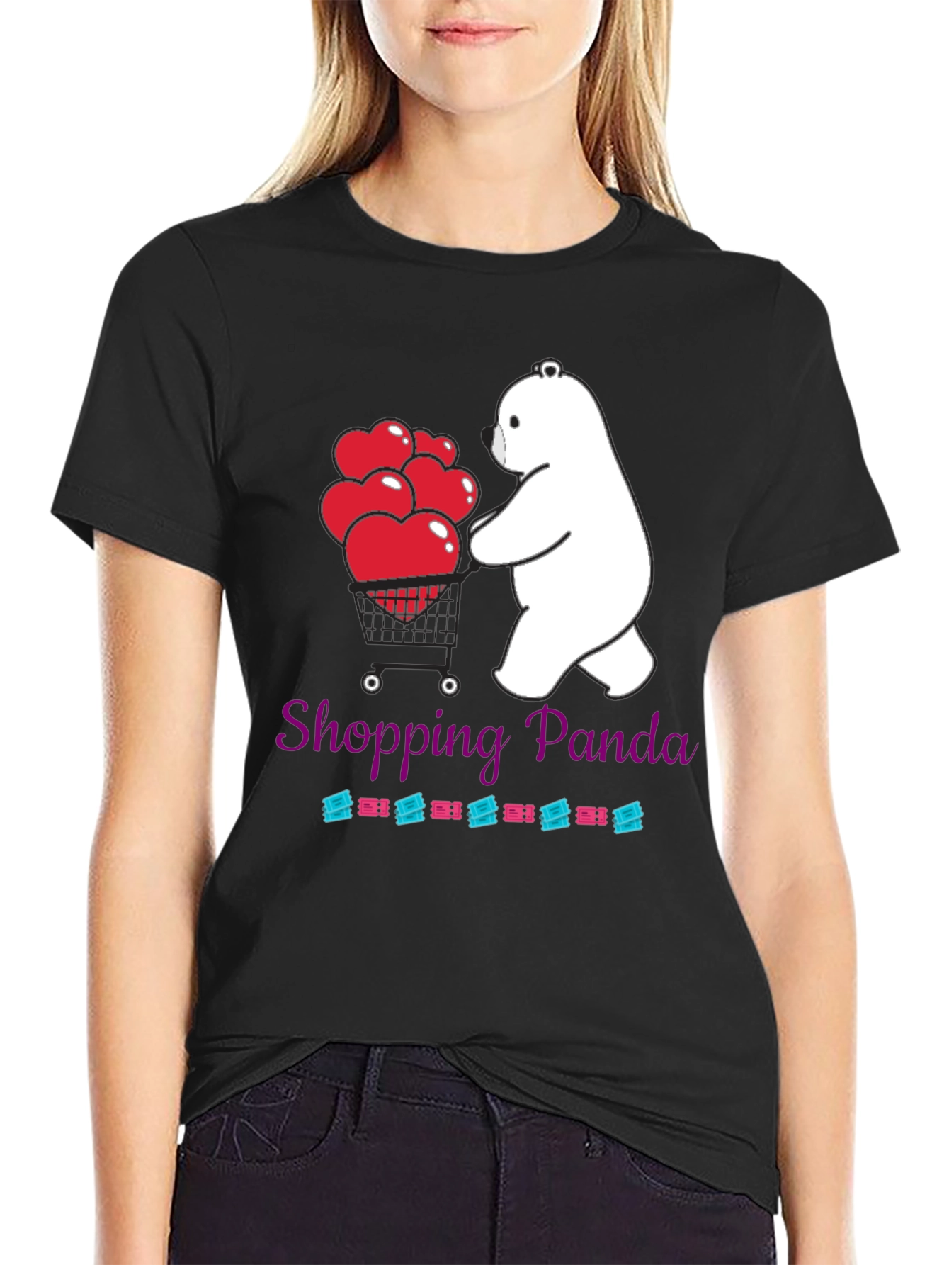 Black Shopping Panda Graphic Tee - Cute Heart Design view 2