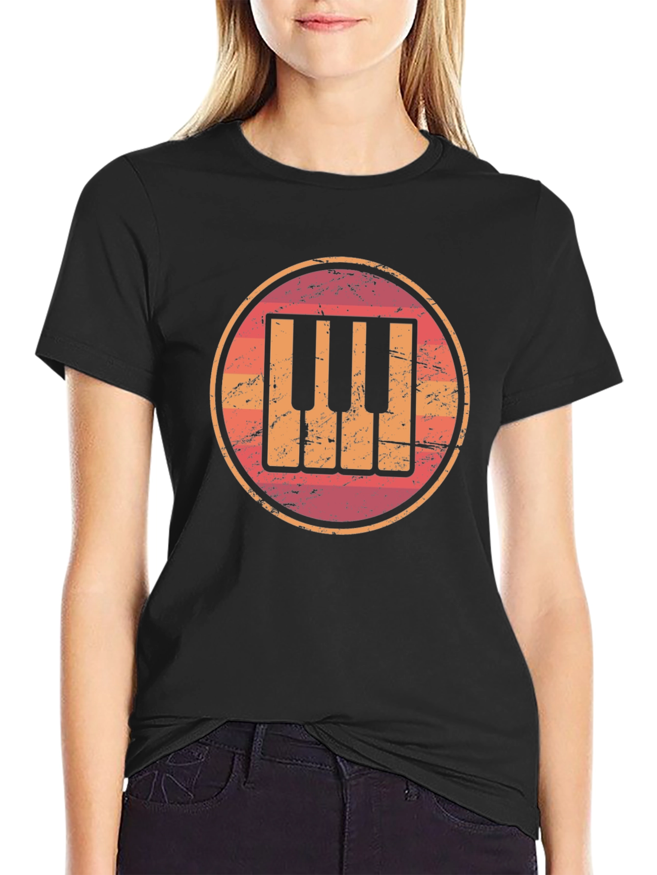 Black Retro Piano Keys Graphic Tee - Vintage Music Lover Shirt view 2