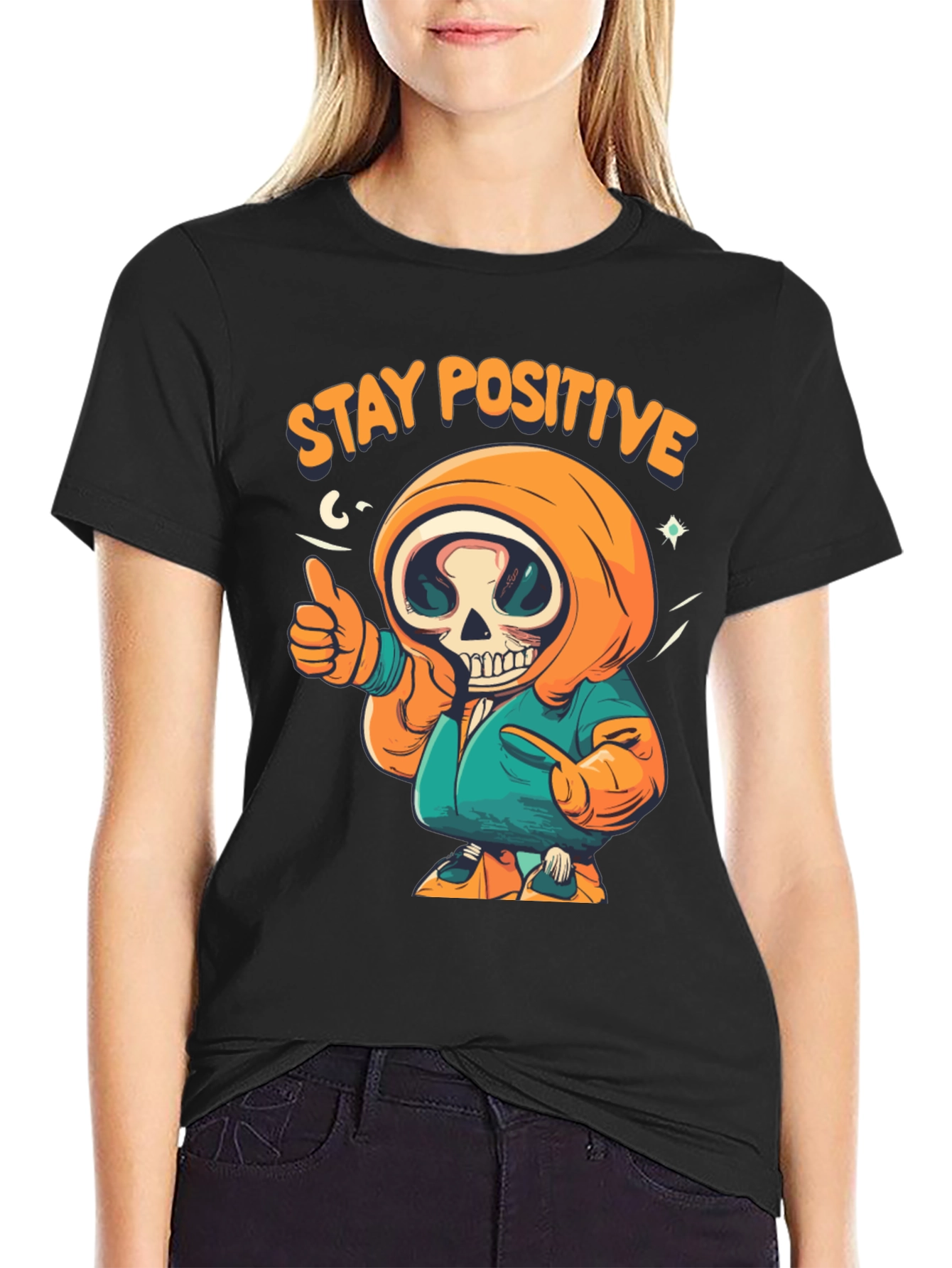 Black Stay Positive Graphic Tee - Skeleton Design view 2