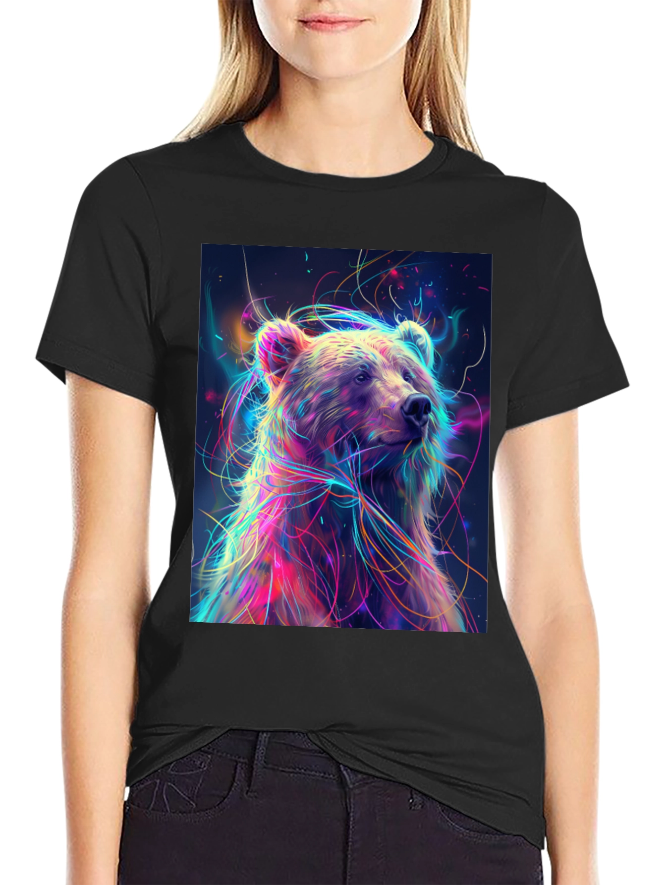 Black Colorful Bear Graphic Print Black T-Shirt view 2