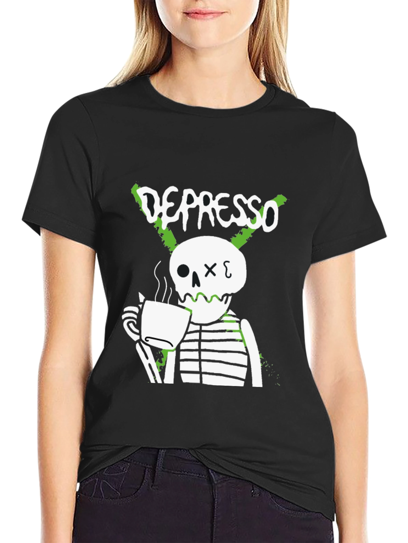 Black Depresso Skeleton Coffee T-Shirt - Funny Graphic Tee view 2