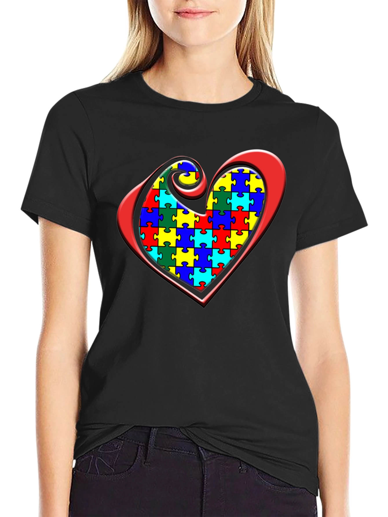 Black Autism Awareness Puzzle Heart Graphic Tee view 2