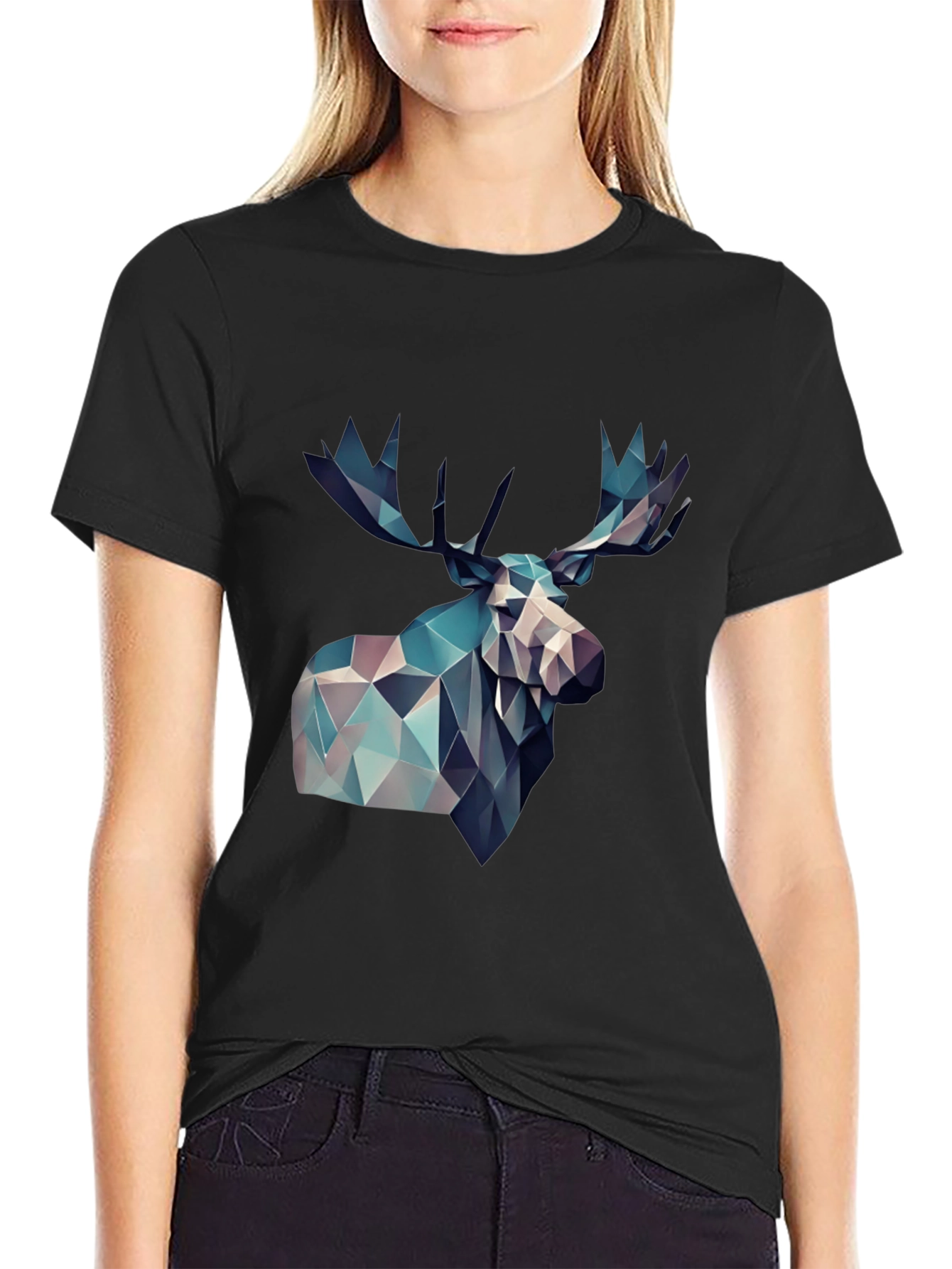 Black Geometric Moose Graphic Print Black T-Shirt view 2
