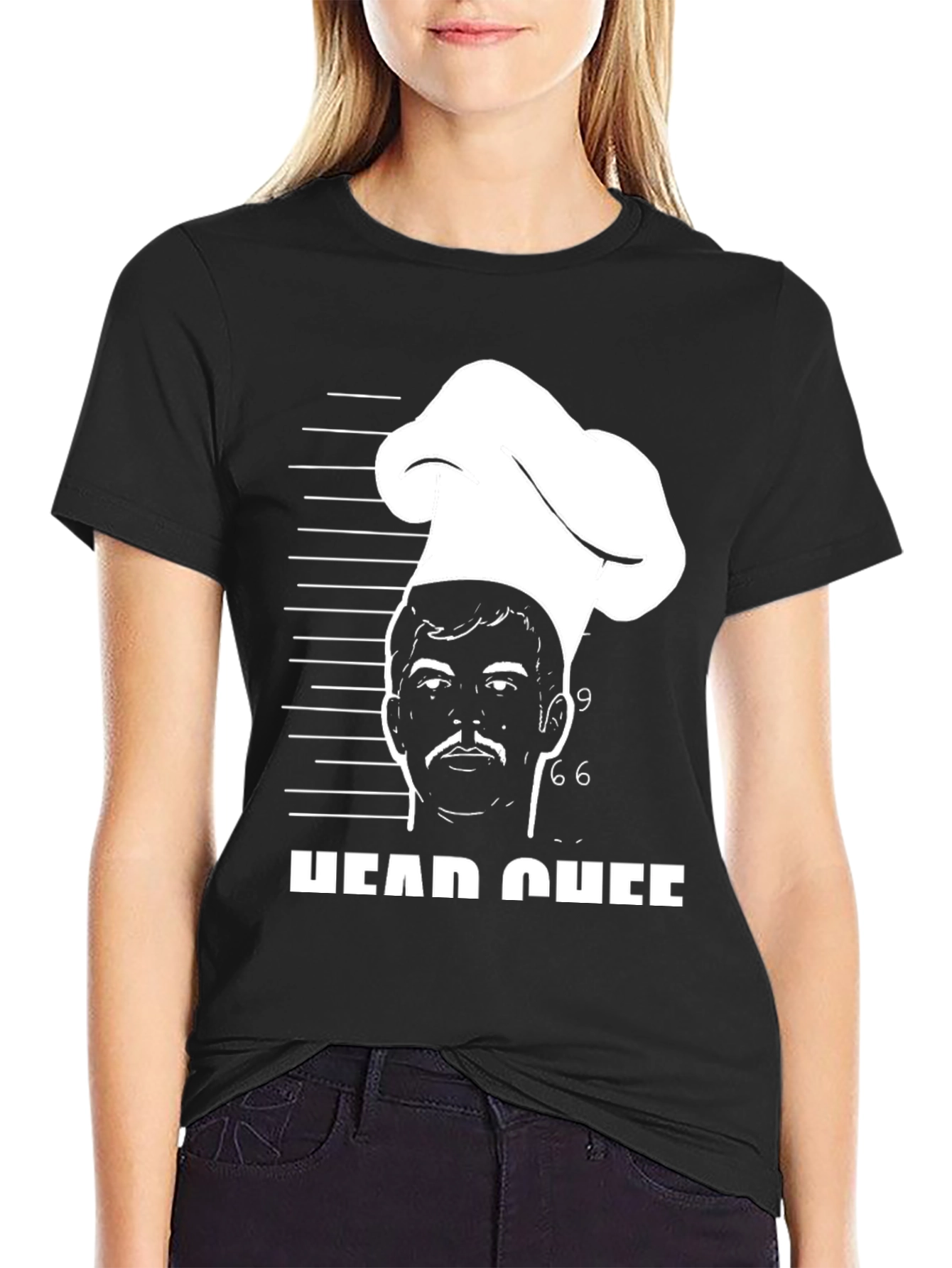 Black Head Chef Mugshot T-Shirt - Culinary Humor Tee view 2