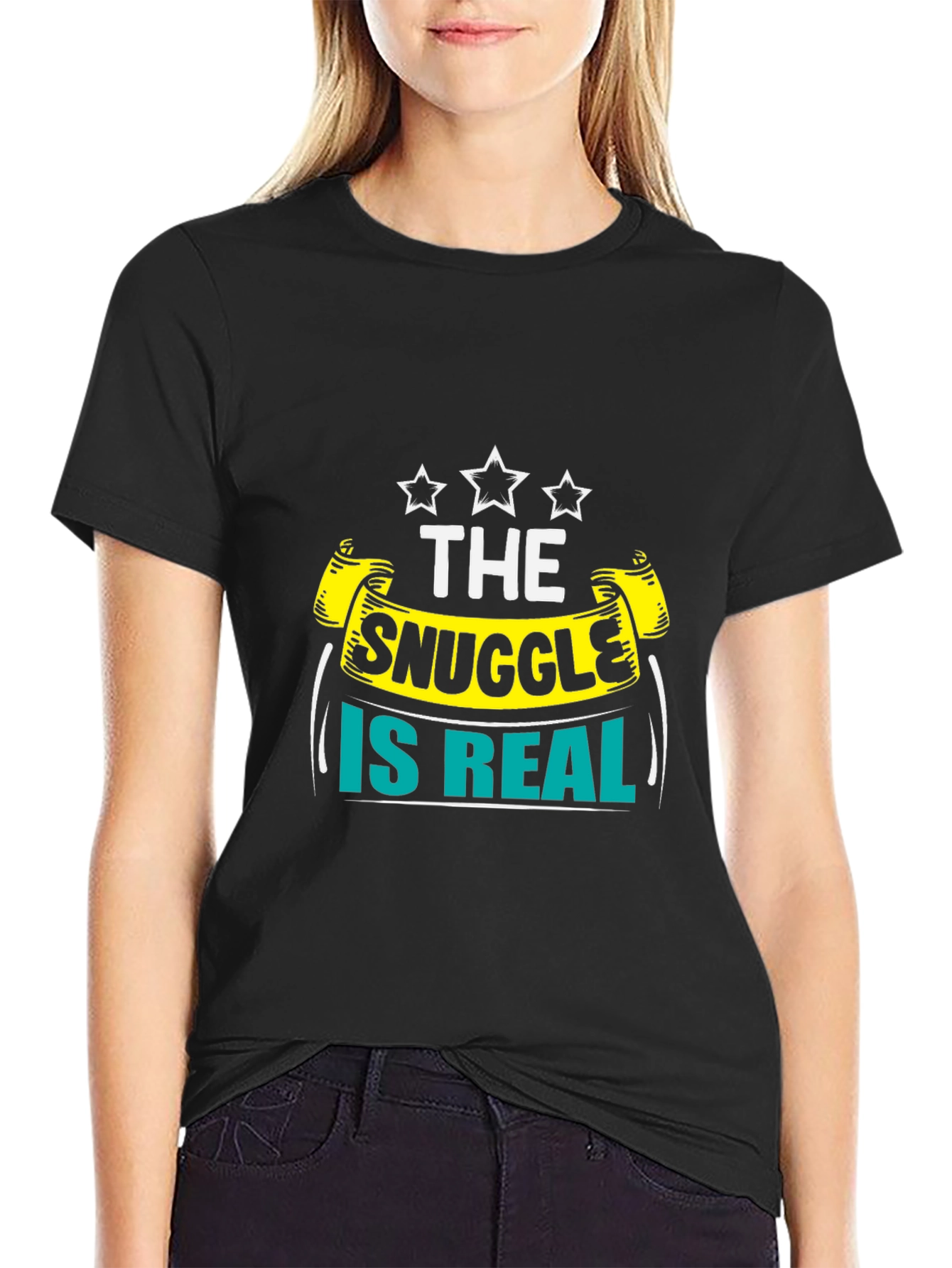 Black The Snuggle is Real Graphic T-Shirt view 2