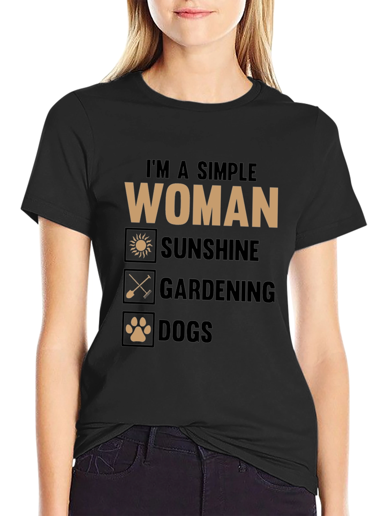 Black Simple Woman T-Shirt: Sunshine, Gardening, Dogs view 2
