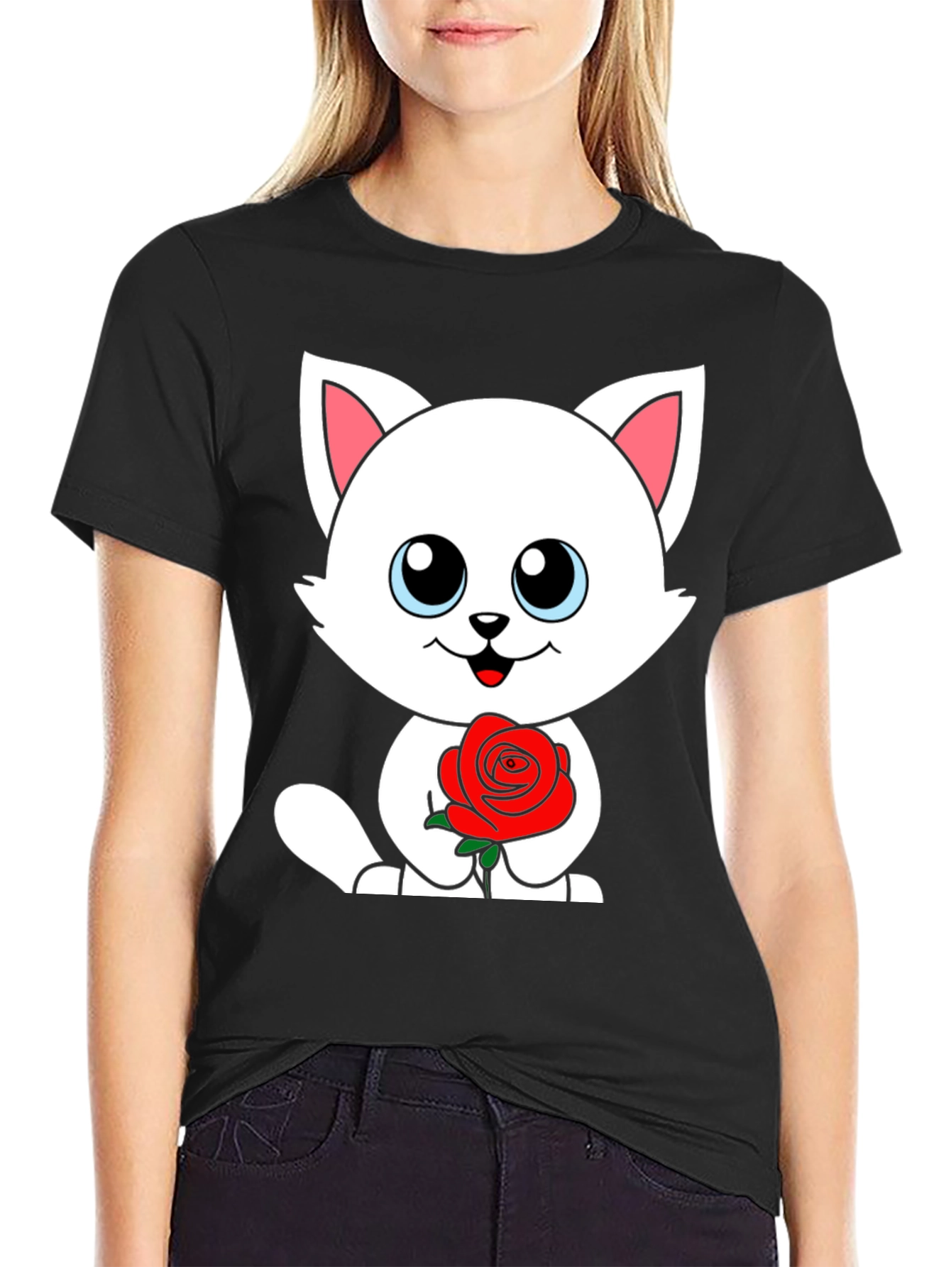 Black Cute Cat Rose Graphic Black T-Shirt view 2