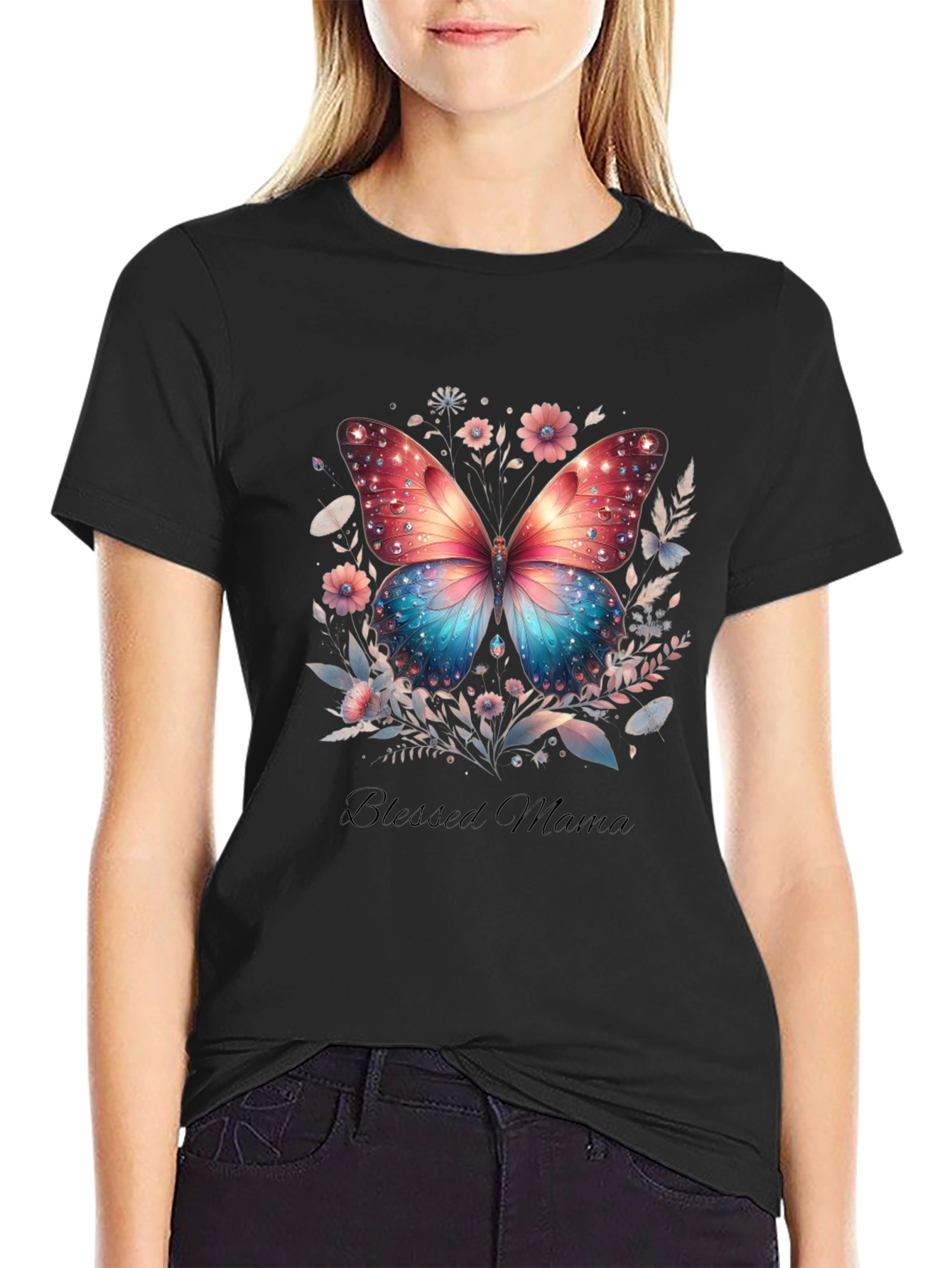 Black Blessed Mama Butterfly Graphic Tee view 2