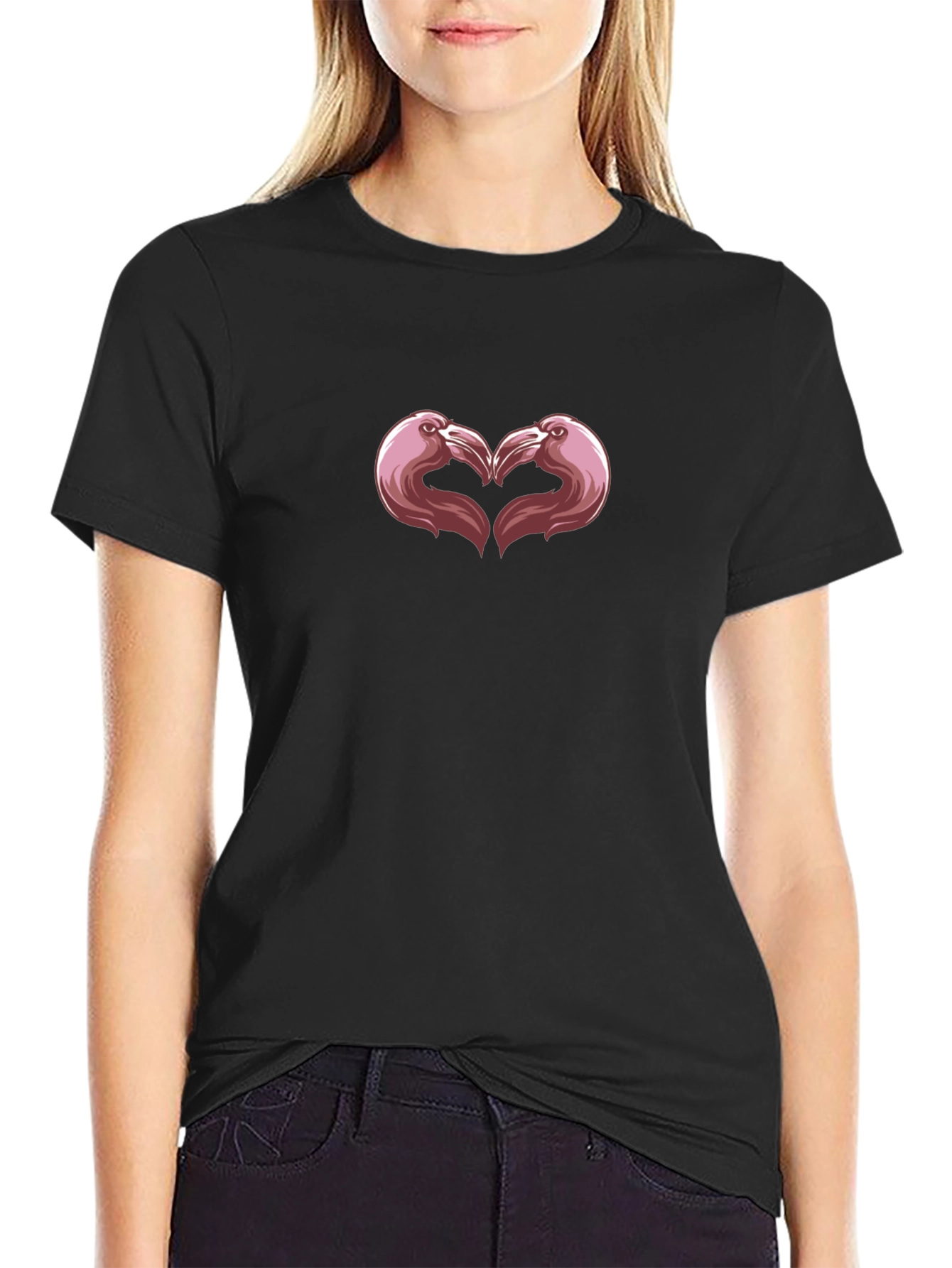 Flamingo Heart Graphic Tee - Black Cotton Casual Shirt - 2