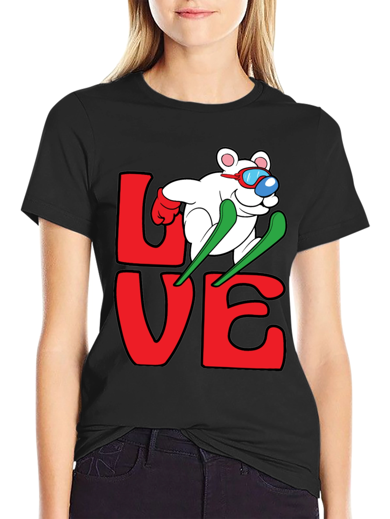 Black Skiing Bear Love Graphic Tee - Black Cotton T-Shirt view 2